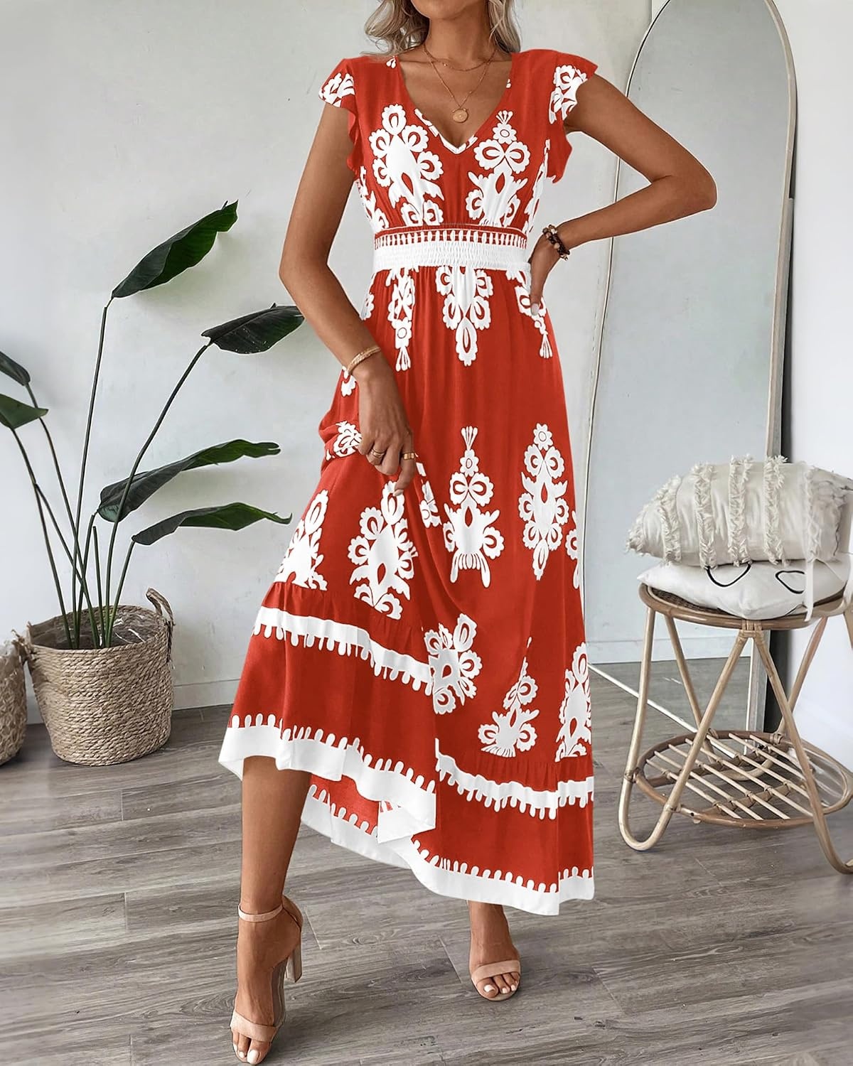 image:imageBTFBM Summer Dresses for Women Beach Fashion Floral Short Sleeve V Neck Boho Long Wedding Guest Maxi Dress SpringFloral Brick Red White