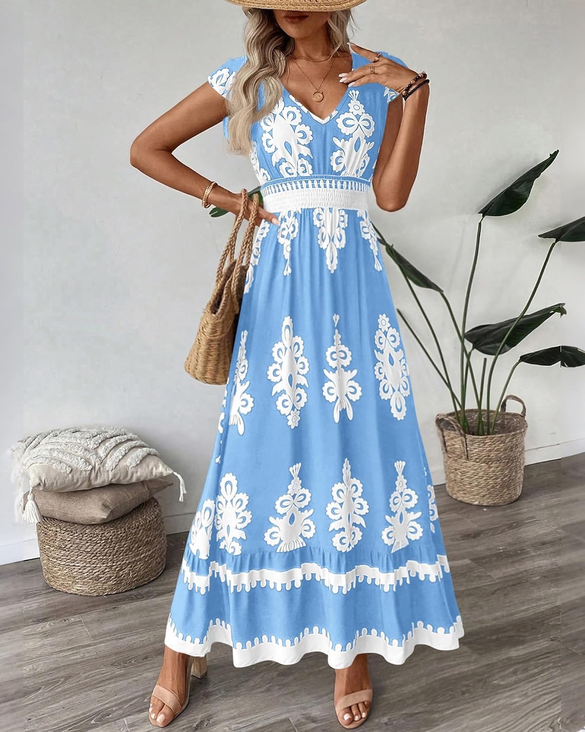 image:imageBTFBM Summer Dresses for Women Beach Fashion Floral Short Sleeve V Neck Boho Long Wedding Guest Maxi Dress SpringFloral Light Blue White