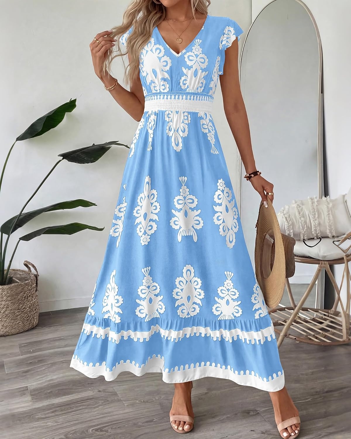 image:imageBTFBM Summer Dresses for Women Beach Fashion Floral Short Sleeve V Neck Boho Long Wedding Guest Maxi Dress SpringFloral Light Blue White
