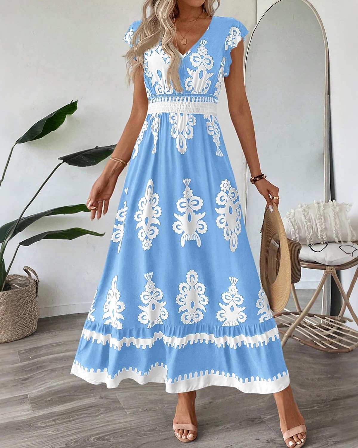 image:imageBTFBM Summer Dresses for Women Beach Fashion Floral Short Sleeve V Neck Boho Long Wedding Guest Maxi Dress SpringFloral Light Blue White
