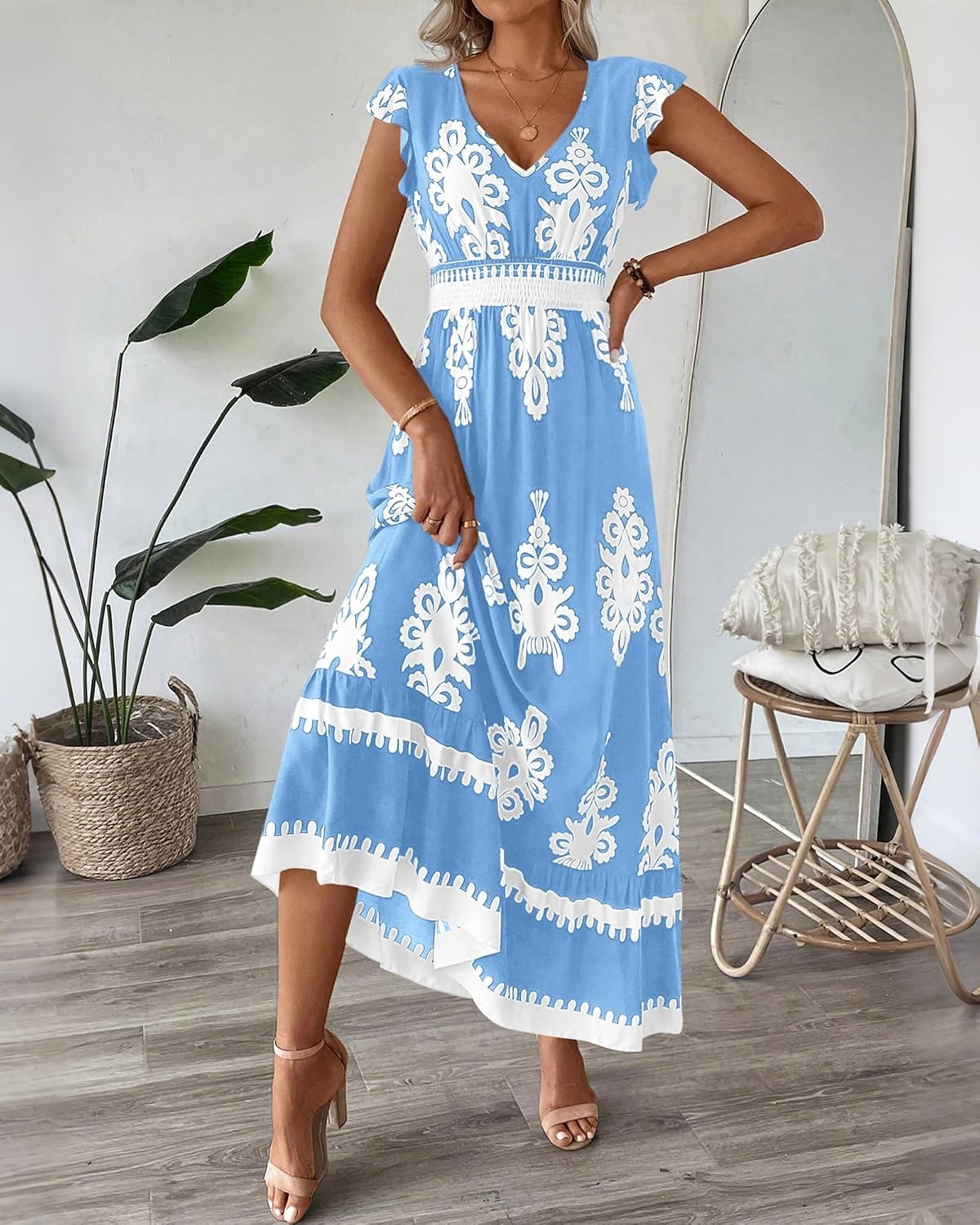 image:imageBTFBM Summer Dresses for Women Beach Fashion Floral Short Sleeve V Neck Boho Long Wedding Guest Maxi Dress SpringFloral Light Blue White