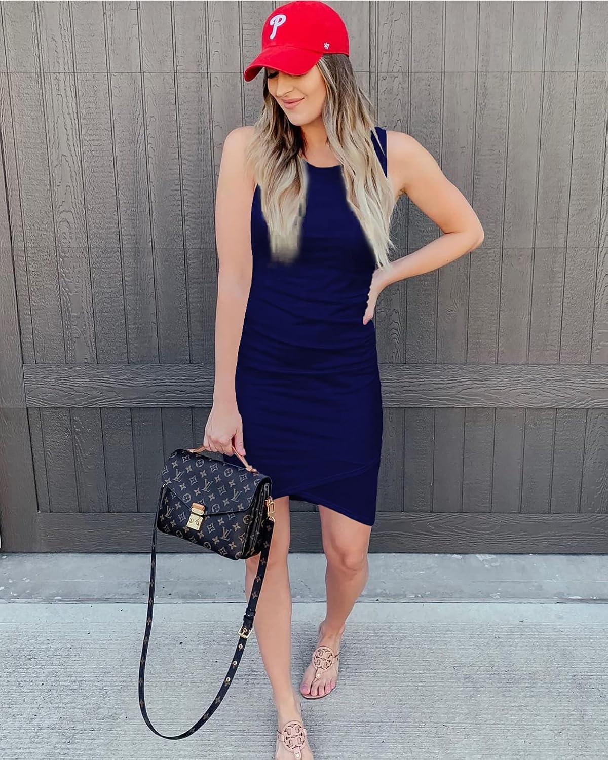 image:imageBTFBM Summer Dresses for Women Business Casual Crew Neck Sleeveless Ruched Bodycon Mini Sundress Wedding Baby Shower Graduation Maternity Dress Fall Fashion 2026Navy
