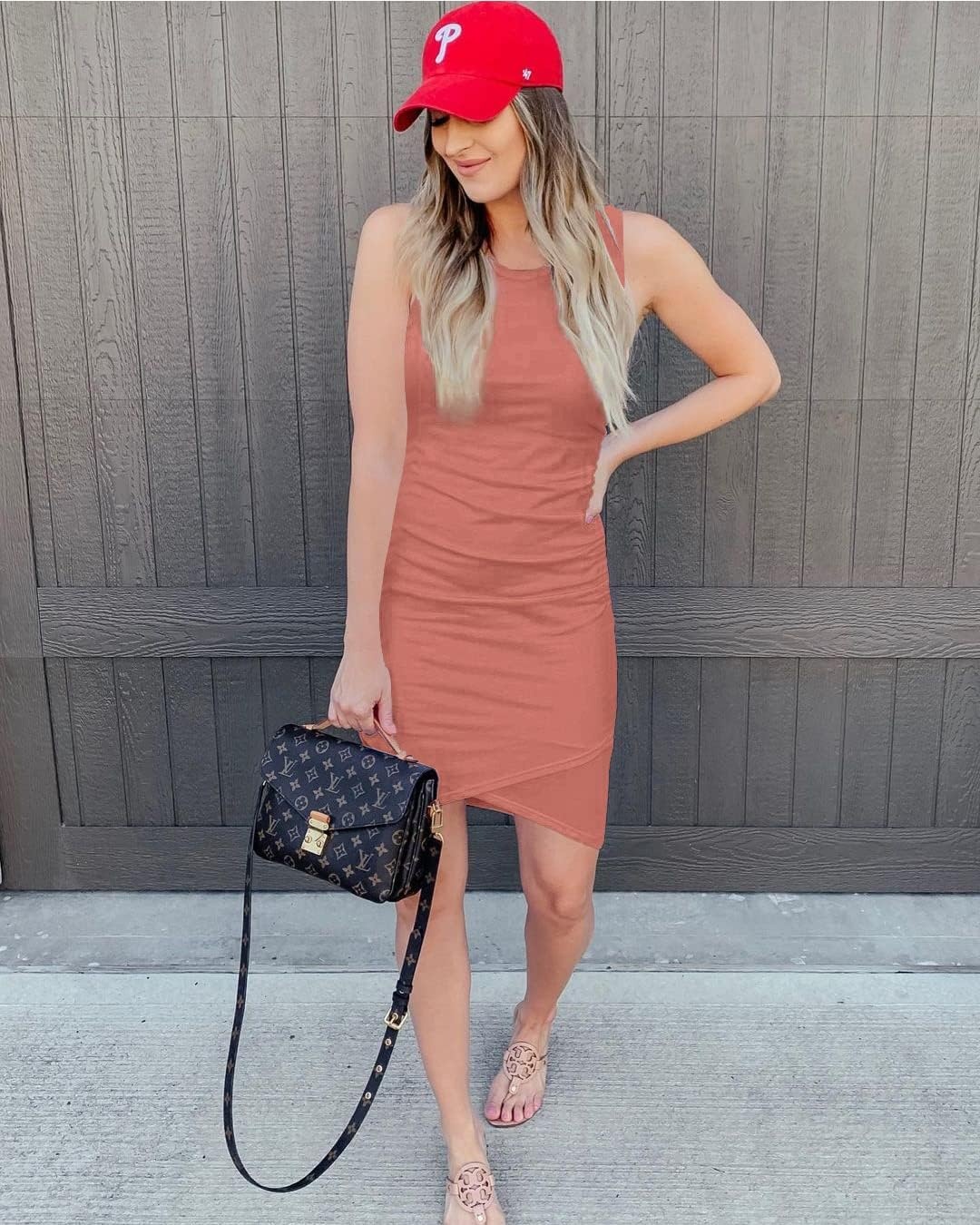 image:imageBTFBM Summer Dresses for Women Business Casual Crew Neck Sleeveless Ruched Bodycon Mini Sundress Wedding Baby Shower Graduation Maternity Dress Fall Fashion 2026Pink
