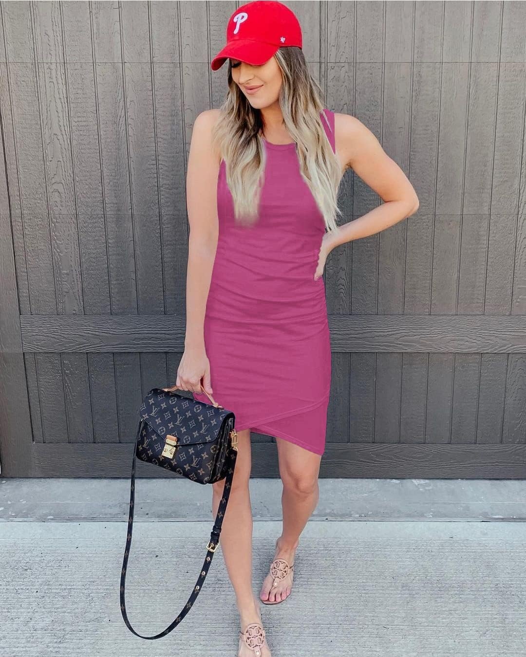 image:imageBTFBM Summer Dresses for Women Business Casual Crew Neck Sleeveless Ruched Bodycon Mini Sundress Wedding Baby Shower Graduation Maternity Dress Fall Fashion 2026Purple Red
