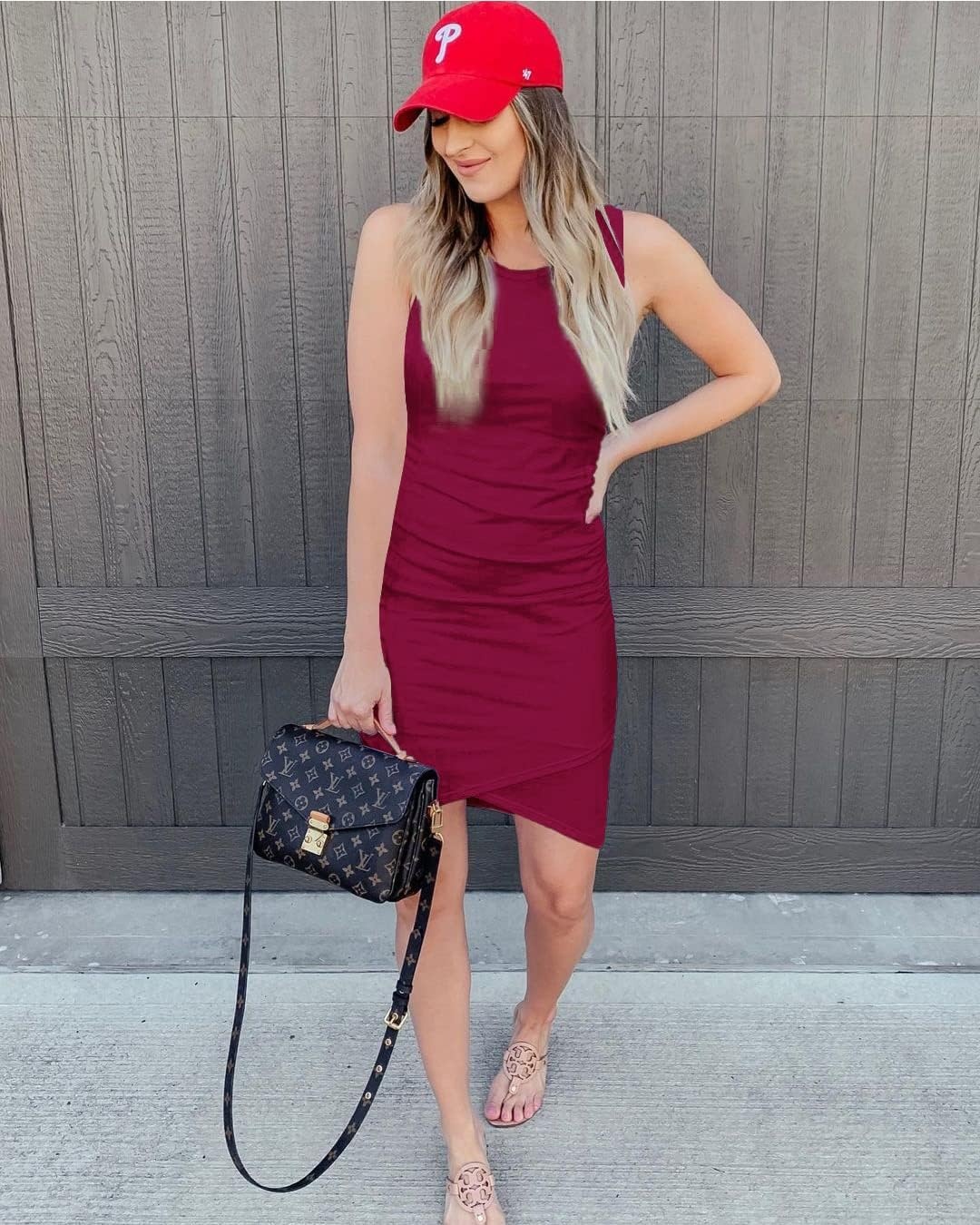 image:imageBTFBM Summer Dresses for Women Business Casual Crew Neck Sleeveless Ruched Bodycon Mini Sundress Wedding Baby Shower Graduation Maternity Dress Fall Fashion 2026Wine Red