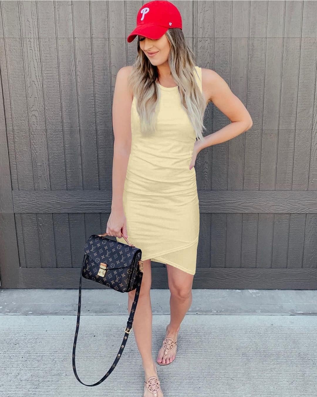 image:imageBTFBM Summer Dresses for Women Business Casual Crew Neck Sleeveless Ruched Bodycon Mini Sundress Wedding Baby Shower Graduation Maternity Dress Fall Fashion 2026Light Yellow