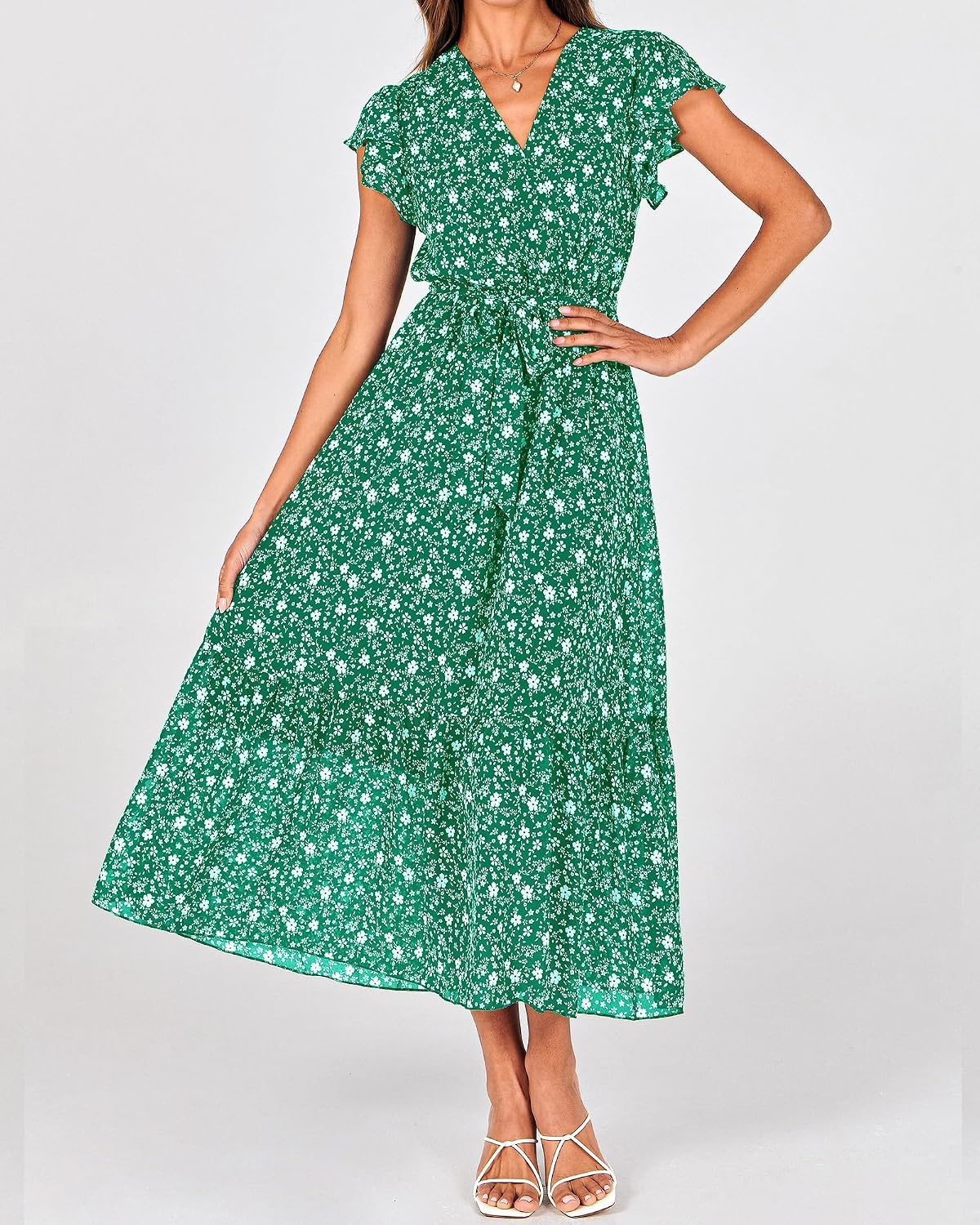 image:imageBTFBM Women Summer Bohemian Floral Casual Wrap V Neck Ruffle Cap Sleeveless Belt ALine Pleated Hem Midi Sun Dress White Fall Swiss Dots Aline Long Wedding Guest DressesElegant Floral Boho Sundress With PocketsSpring Beach Vacation ClothesFloral White Green