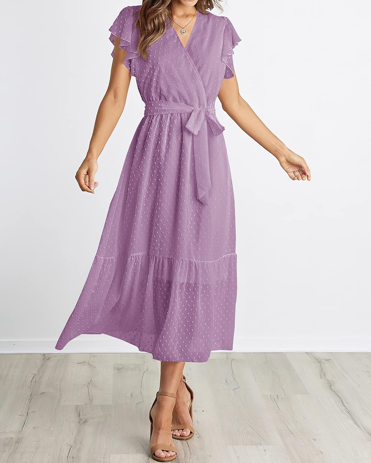 image:imageBTFBM Women Summer Bohemian Floral Casual Wrap V Neck Ruffle Cap Sleeveless Belt ALine Pleated Hem Midi Sun Dress White Fall Swiss Dots Aline Long Wedding Guest DressesElegant Floral Boho Sundress With PocketsSpring Beach Vacation ClothesSwiss Dot Purple