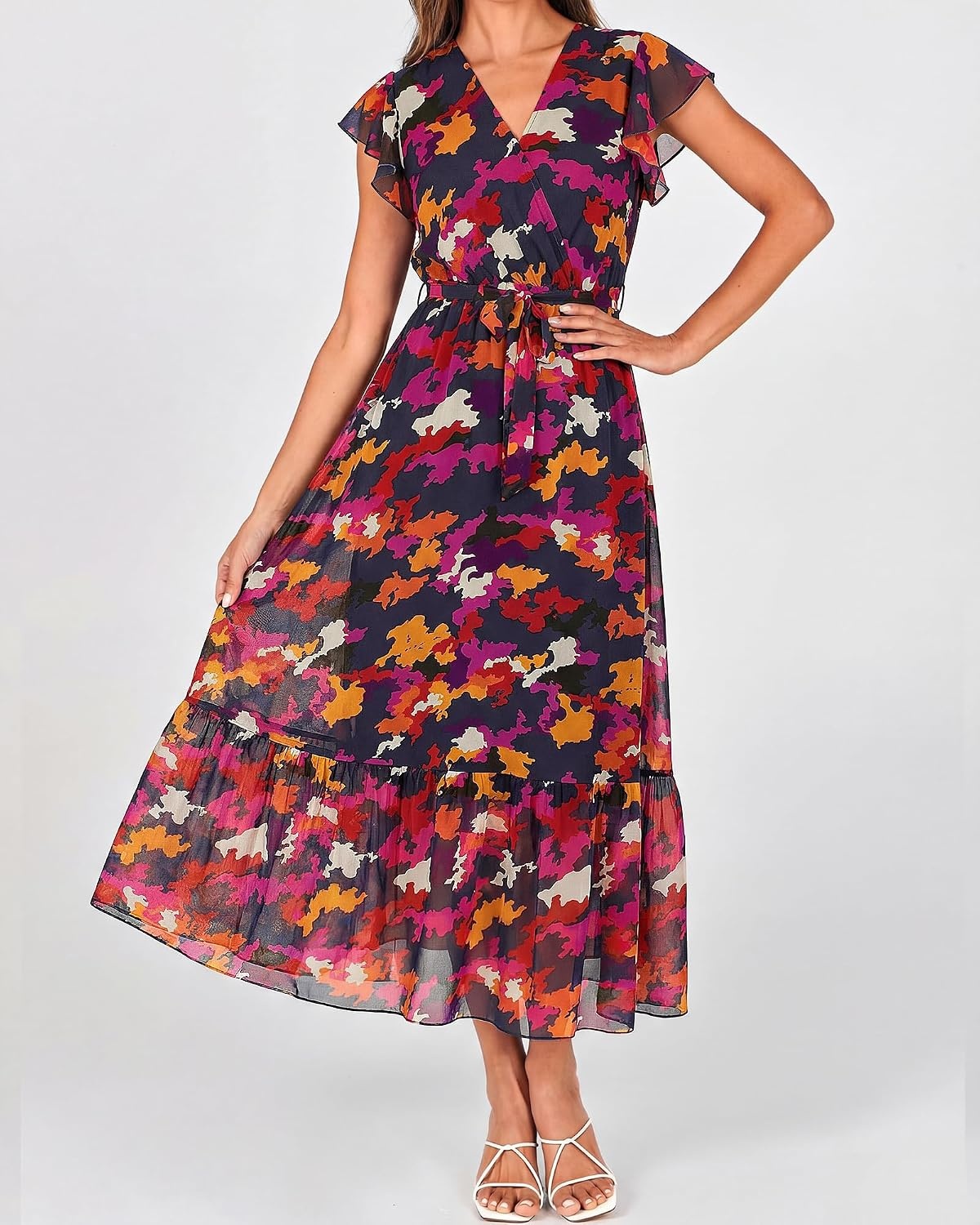 image:imageBTFBM Women Summer Bohemian Floral Casual Wrap V Neck Ruffle Cap Sleeveless Belt ALine Pleated Hem Midi Sun Dress White Fall Swiss Dots Aline Long Wedding Guest DressesElegant Floral Boho Sundress With PocketsSpring Beach Vacation ClothesBlue Orange Flower