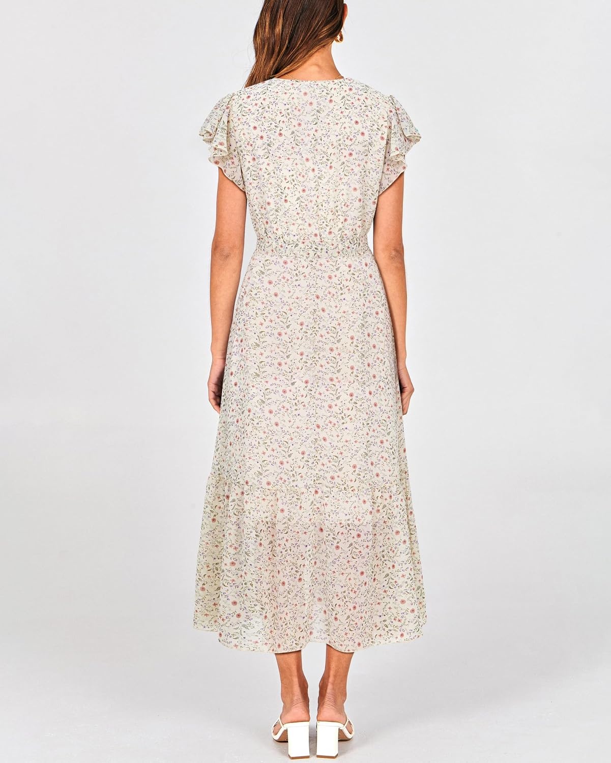 image:imageBTFBM Women Summer Bohemian Floral Casual Wrap V Neck Ruffle Cap Sleeveless Belt ALine Pleated Hem Midi Sun Dress White Fall Swiss Dots Aline Long Wedding Guest DressesElegant Floral Boho Sundress With PocketsSpring Beach Vacation ClothesApricot