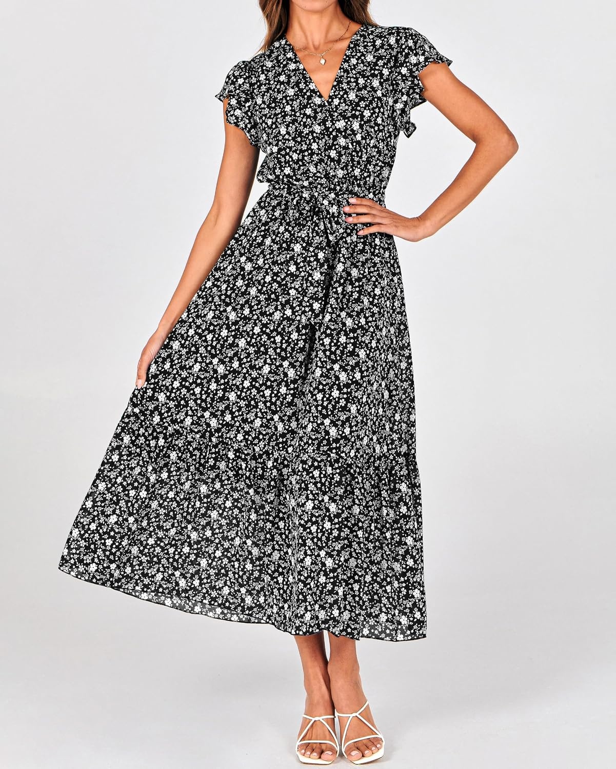 image:imageBTFBM Women Summer Bohemian Floral Casual Wrap V Neck Ruffle Cap Sleeveless Belt ALine Pleated Hem Midi Sun Dress White Fall Swiss Dots Aline Long Wedding Guest DressesElegant Floral Boho Sundress With PocketsSpring Beach Vacation ClothesFloral White Black