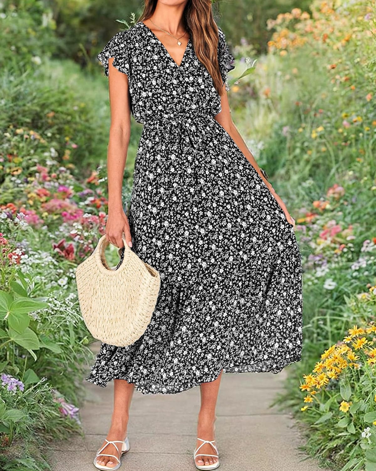 image:imageBTFBM Women Summer Bohemian Floral Casual Wrap V Neck Ruffle Cap Sleeveless Belt ALine Pleated Hem Midi Sun Dress White Fall Swiss Dots Aline Long Wedding Guest DressesElegant Floral Boho Sundress With PocketsSpring Beach Vacation ClothesFloral White Black