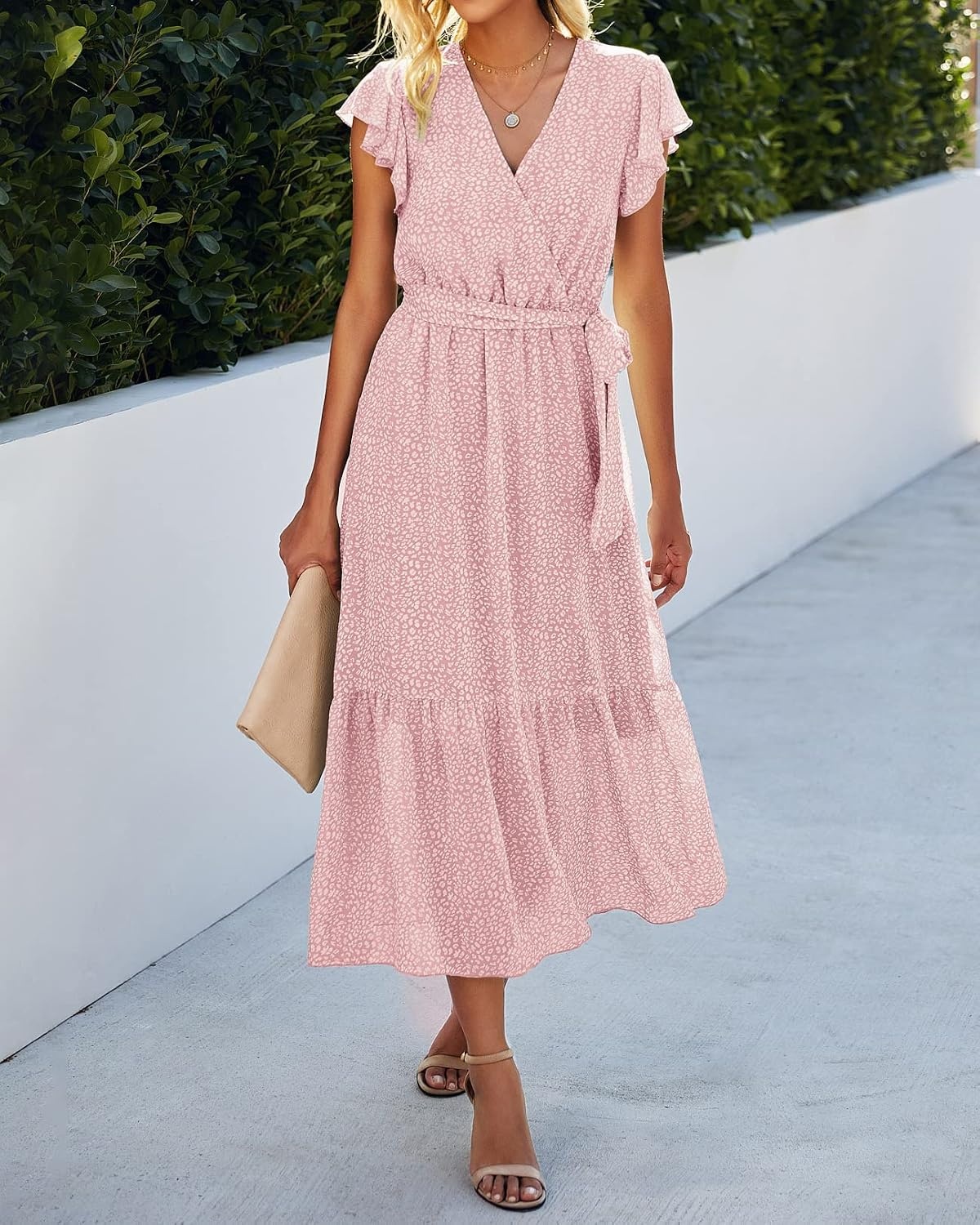 image:imageBTFBM Women Summer Bohemian Floral Casual Wrap V Neck Ruffle Cap Sleeveless Belt ALine Pleated Hem Midi Sun Dress White Fall Swiss Dots Aline Long Wedding Guest DressesElegant Floral Boho Sundress With PocketsSpring Beach Vacation ClothesPink