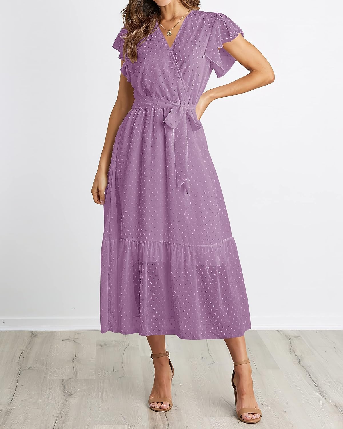 image:imageBTFBM Women Summer Bohemian Floral Casual Wrap V Neck Ruffle Cap Sleeveless Belt ALine Pleated Hem Midi Sun Dress White Fall Swiss Dots Aline Long Wedding Guest DressesElegant Floral Boho Sundress With PocketsSpring Beach Vacation ClothesSwiss Dot Purple