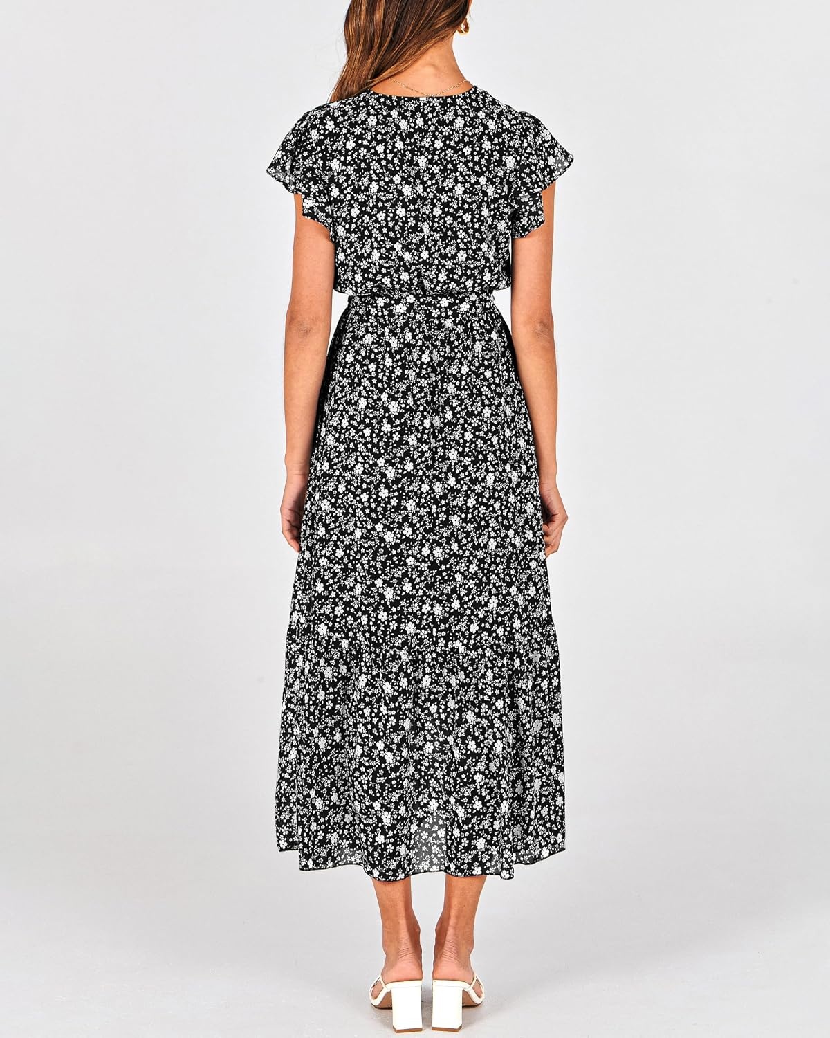image:imageBTFBM Women Summer Bohemian Floral Casual Wrap V Neck Ruffle Cap Sleeveless Belt ALine Pleated Hem Midi Sun Dress White Fall Swiss Dots Aline Long Wedding Guest DressesElegant Floral Boho Sundress With PocketsSpring Beach Vacation ClothesFloral White Black