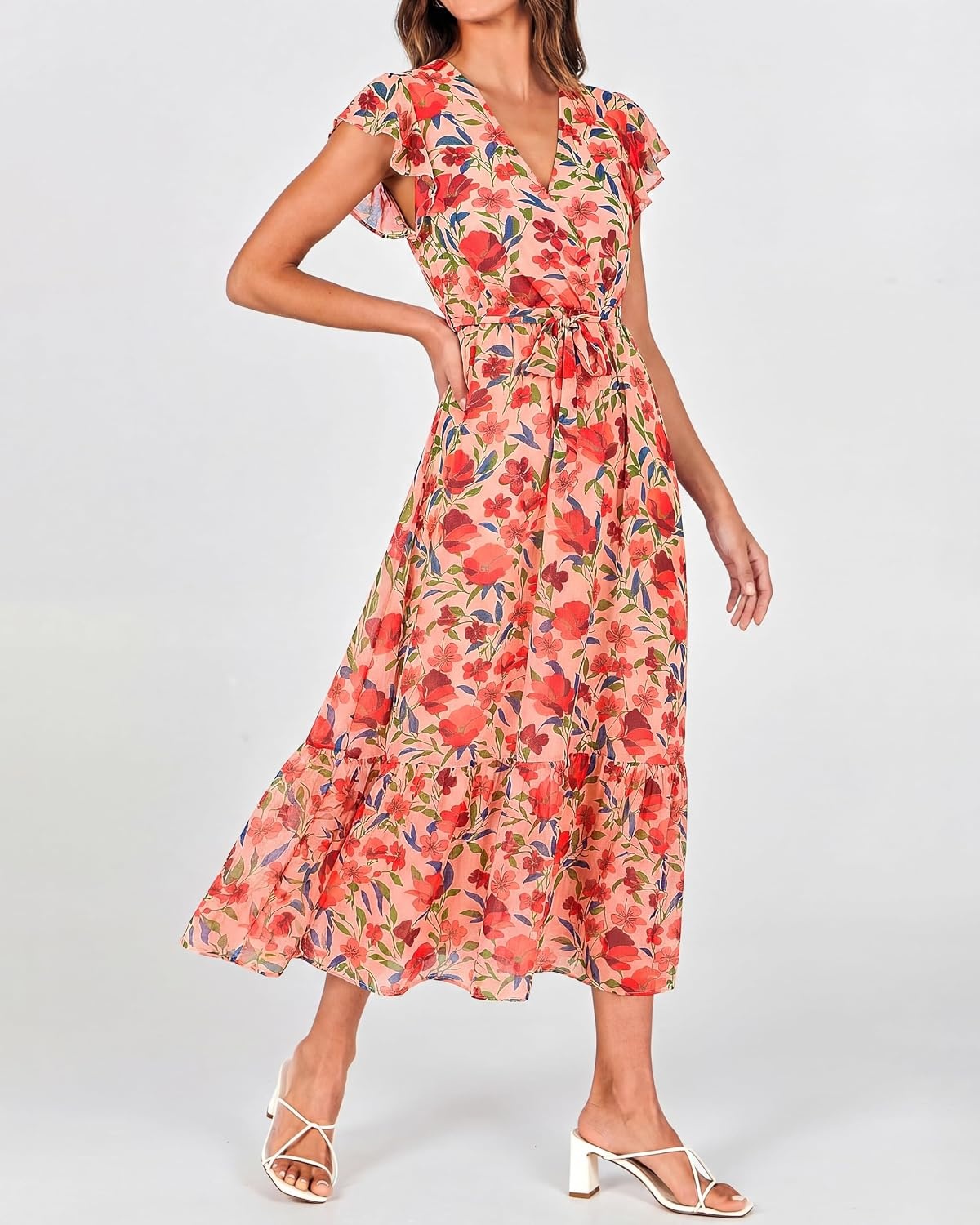 image:imageBTFBM Women Summer Bohemian Floral Casual Wrap V Neck Ruffle Cap Sleeveless Belt ALine Pleated Hem Midi Sun Dress White Fall Swiss Dots Aline Long Wedding Guest DressesElegant Floral Boho Sundress With PocketsSpring Beach Vacation ClothesFloral Orange Pink Red