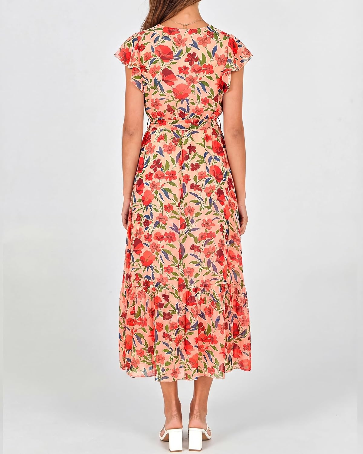 image:imageBTFBM Women Summer Bohemian Floral Casual Wrap V Neck Ruffle Cap Sleeveless Belt ALine Pleated Hem Midi Sun Dress White Fall Swiss Dots Aline Long Wedding Guest DressesElegant Floral Boho Sundress With PocketsSpring Beach Vacation ClothesFloral Orange Pink Red