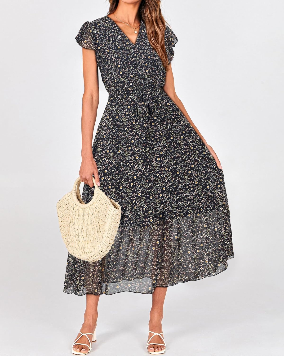 image:imageBTFBM Women Summer Bohemian Floral Casual Wrap V Neck Ruffle Cap Sleeveless Belt ALine Pleated Hem Midi Sun Dress White Fall Swiss Dots Aline Long Wedding Guest DressesElegant Floral Boho Sundress With PocketsSpring Beach Vacation ClothesFloral Black
