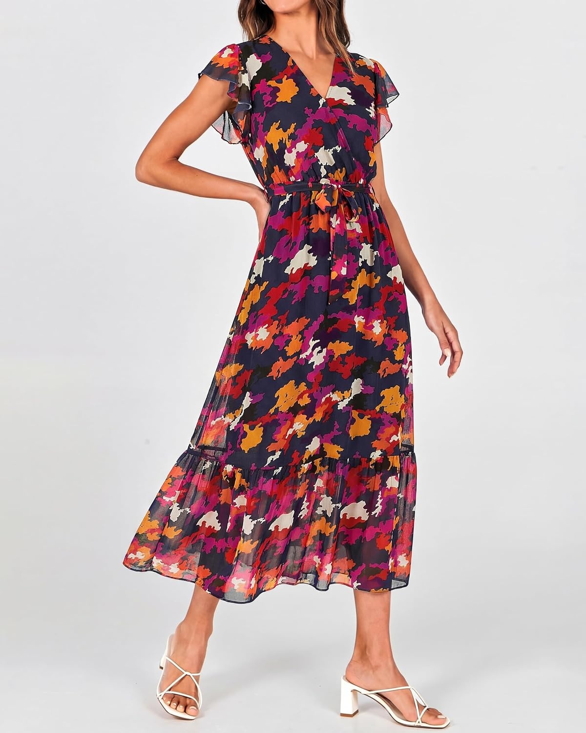image:imageBTFBM Women Summer Bohemian Floral Casual Wrap V Neck Ruffle Cap Sleeveless Belt ALine Pleated Hem Midi Sun Dress White Fall Swiss Dots Aline Long Wedding Guest DressesElegant Floral Boho Sundress With PocketsSpring Beach Vacation ClothesBlue Orange Flower