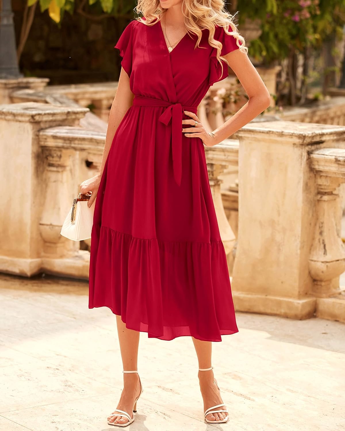 image:imageBTFBM Women Summer Bohemian Floral Casual Wrap V Neck Ruffle Cap Sleeveless Belt ALine Pleated Hem Midi Sun Dress White Fall Swiss Dots Aline Long Wedding Guest DressesElegant Floral Boho Sundress With PocketsSpring Beach Vacation ClothesSolid Red