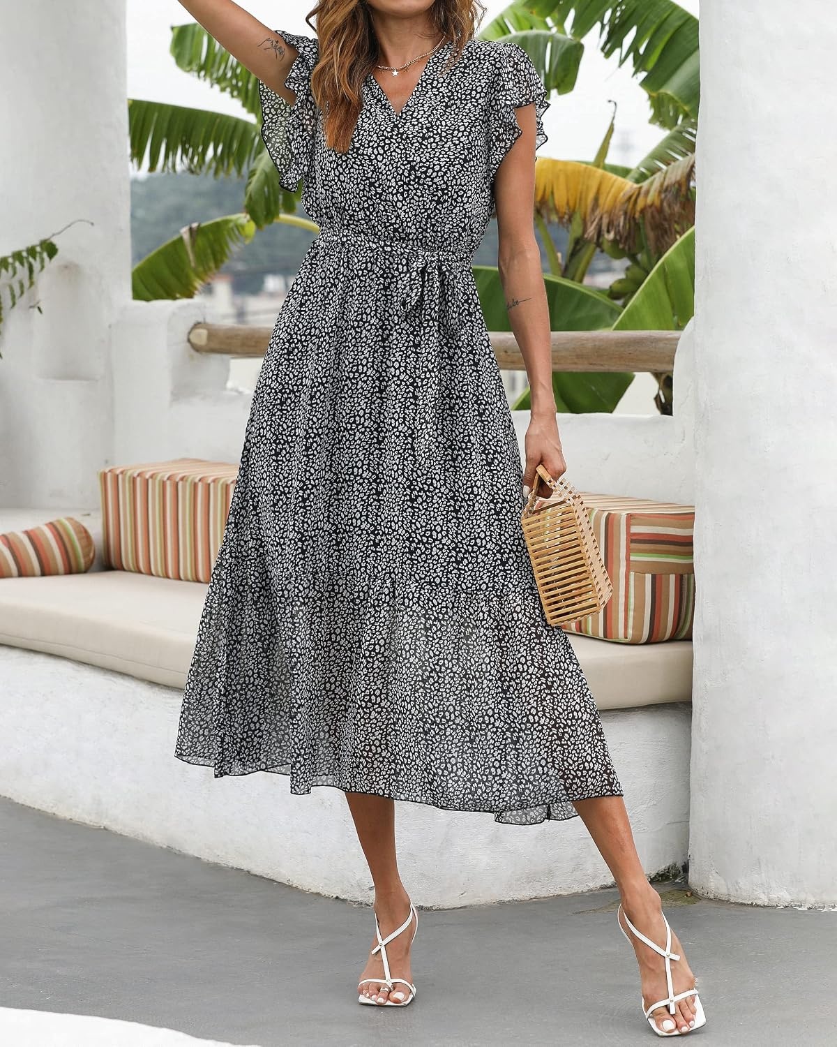 image:imageBTFBM Women Summer Bohemian Floral Casual Wrap V Neck Ruffle Cap Sleeveless Belt ALine Pleated Hem Midi Sun Dress White Fall Swiss Dots Aline Long Wedding Guest DressesElegant Floral Boho Sundress With PocketsSpring Beach Vacation ClothesBlack