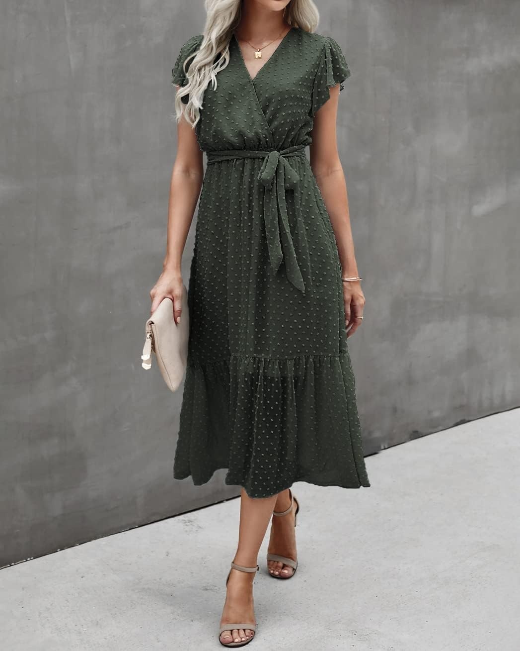 image:imageBTFBM Women Summer Bohemian Floral Casual Wrap V Neck Ruffle Cap Sleeveless Belt ALine Pleated Hem Midi Sun Dress White Fall Swiss Dots Aline Long Wedding Guest DressesElegant Floral Boho Sundress With PocketsSpring Beach Vacation ClothesSwiss Dot Army Green