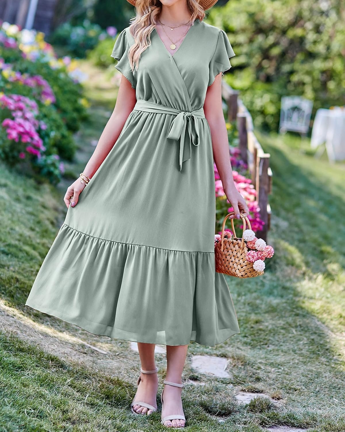 image:imageBTFBM Women Summer Bohemian Floral Casual Wrap V Neck Ruffle Cap Sleeveless Belt ALine Pleated Hem Midi Sun Dress White Fall Swiss Dots Aline Long Wedding Guest DressesElegant Floral Boho Sundress With PocketsSpring Beach Vacation ClothesSolid Green