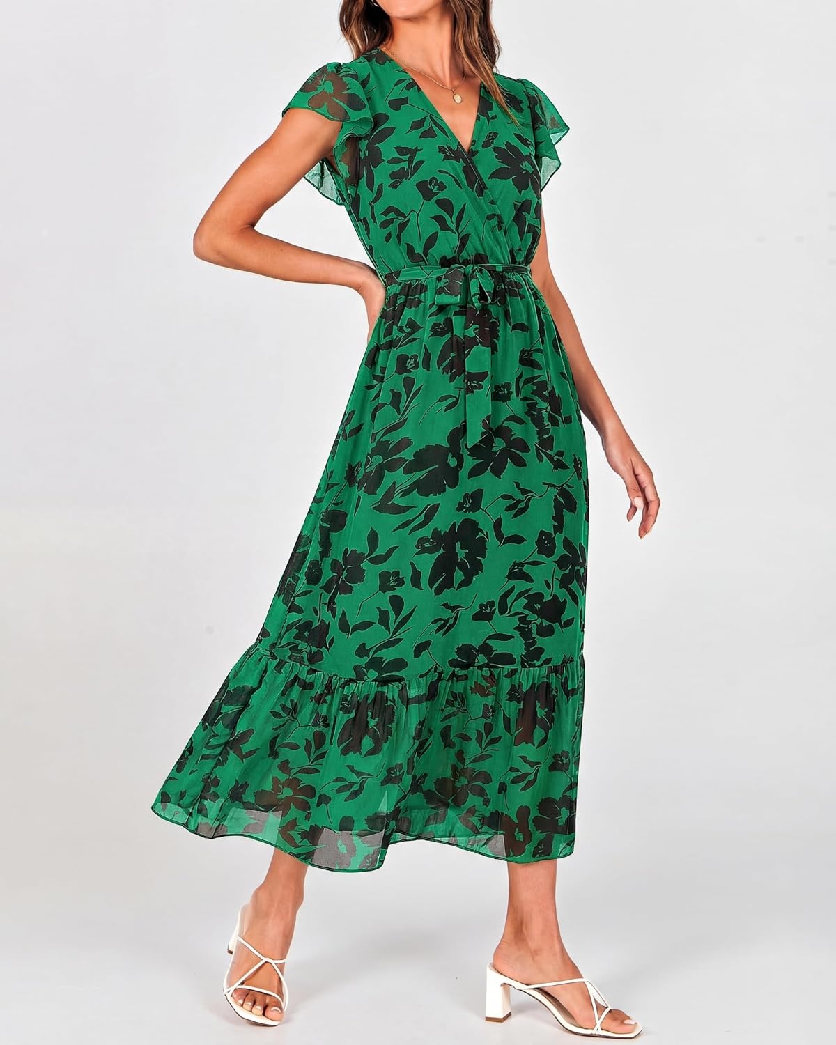 image:imageBTFBM Women Summer Bohemian Floral Casual Wrap V Neck Ruffle Cap Sleeveless Belt ALine Pleated Hem Midi Sun Dress White Fall Swiss Dots Aline Long Wedding Guest DressesElegant Floral Boho Sundress With PocketsSpring Beach Vacation ClothesGreen Big Floral