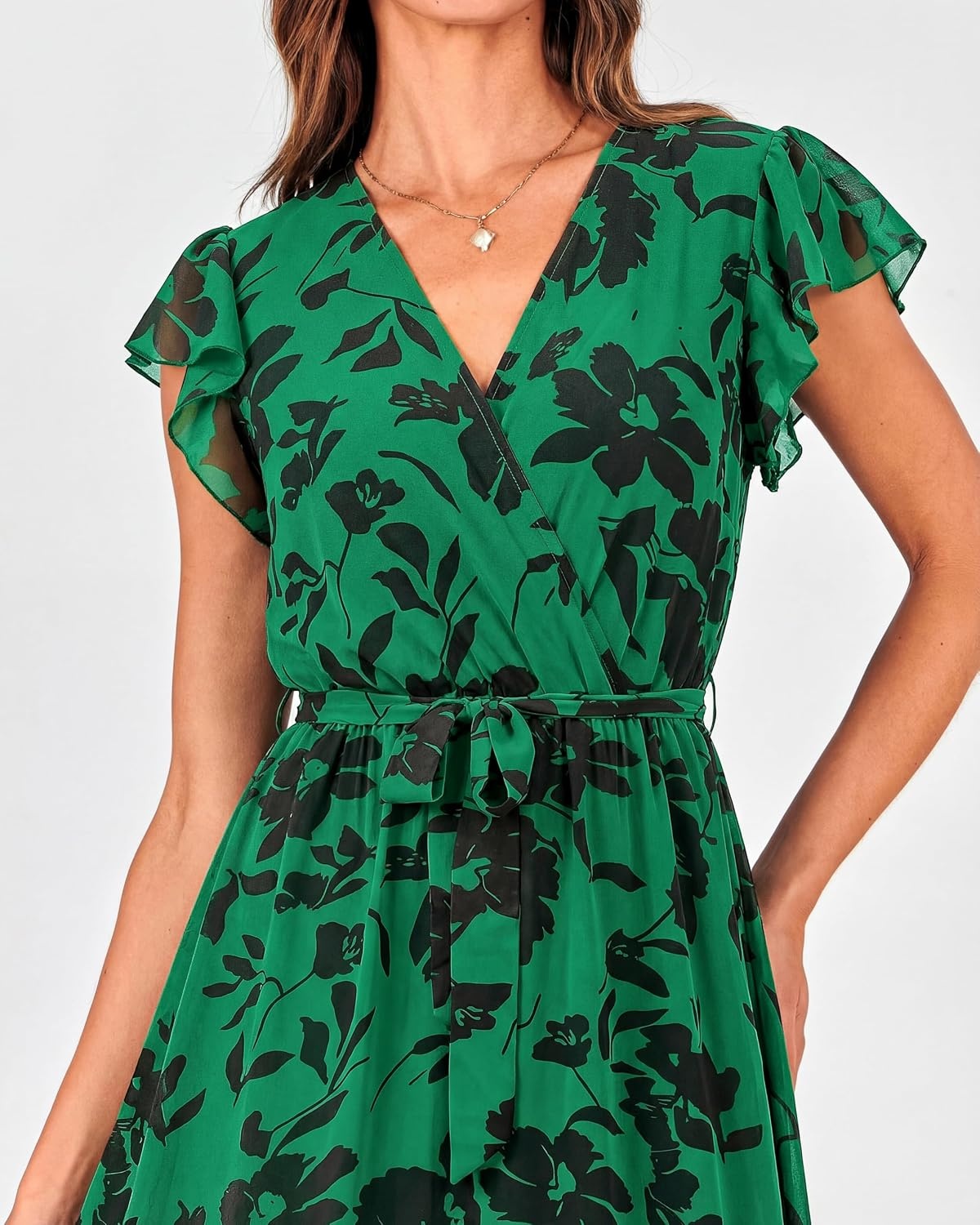 image:imageBTFBM Women Summer Bohemian Floral Casual Wrap V Neck Ruffle Cap Sleeveless Belt ALine Pleated Hem Midi Sun Dress White Fall Swiss Dots Aline Long Wedding Guest DressesElegant Floral Boho Sundress With PocketsSpring Beach Vacation ClothesGreen Big Floral