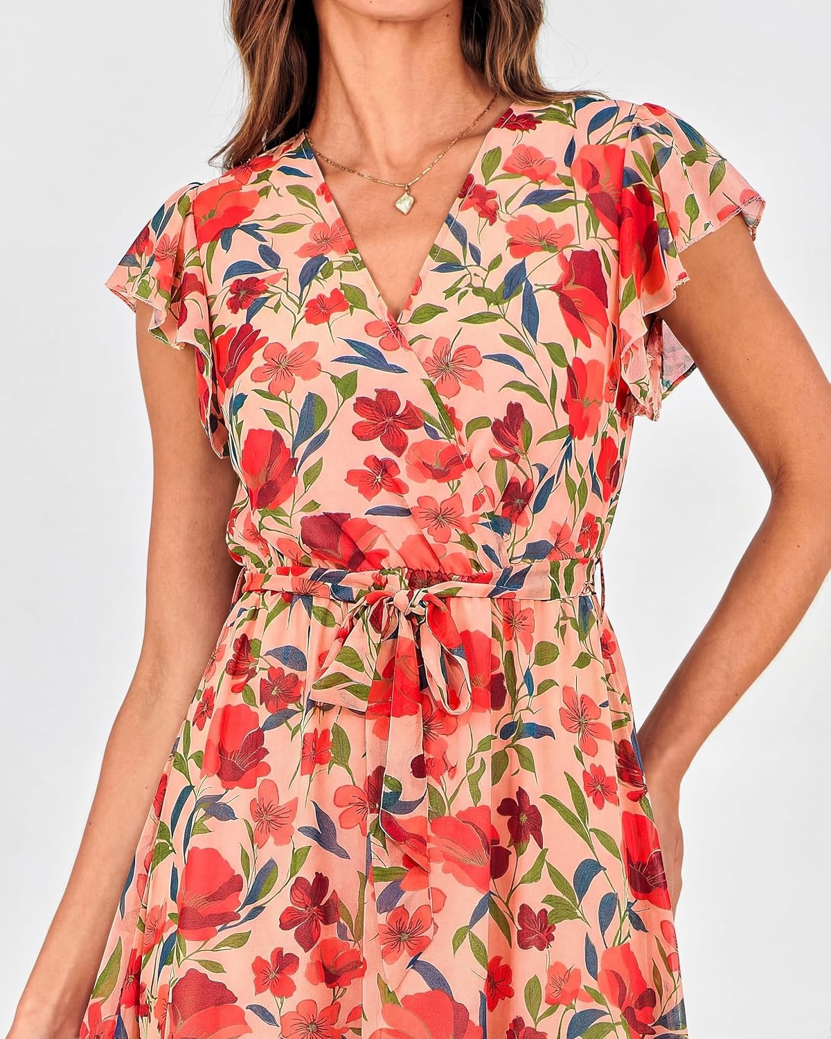 image:imageBTFBM Women Summer Bohemian Floral Casual Wrap V Neck Ruffle Cap Sleeveless Belt ALine Pleated Hem Midi Sun Dress White Fall Swiss Dots Aline Long Wedding Guest DressesElegant Floral Boho Sundress With PocketsSpring Beach Vacation ClothesFloral Orange Pink Red