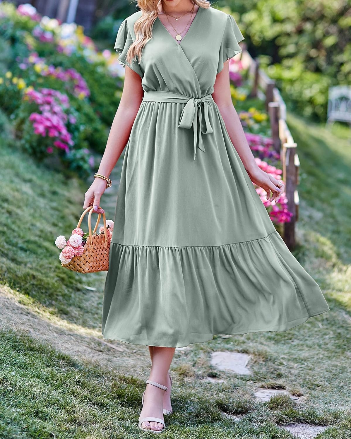 image:imageBTFBM Women Summer Bohemian Floral Casual Wrap V Neck Ruffle Cap Sleeveless Belt ALine Pleated Hem Midi Sun Dress White Fall Swiss Dots Aline Long Wedding Guest DressesElegant Floral Boho Sundress With PocketsSpring Beach Vacation ClothesSolid Green