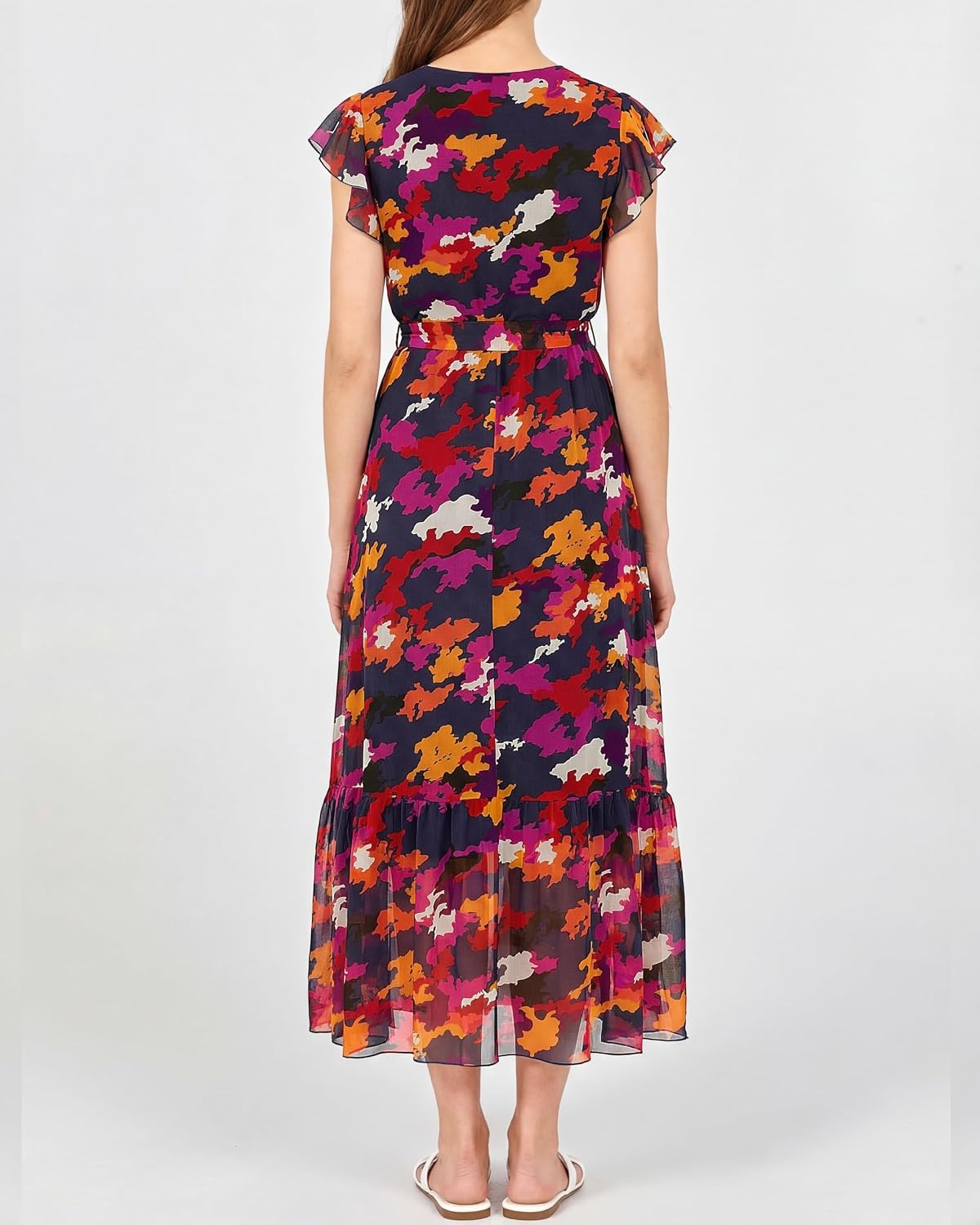image:imageBTFBM Women Summer Bohemian Floral Casual Wrap V Neck Ruffle Cap Sleeveless Belt ALine Pleated Hem Midi Sun Dress White Fall Swiss Dots Aline Long Wedding Guest DressesElegant Floral Boho Sundress With PocketsSpring Beach Vacation ClothesBlue Orange Flower