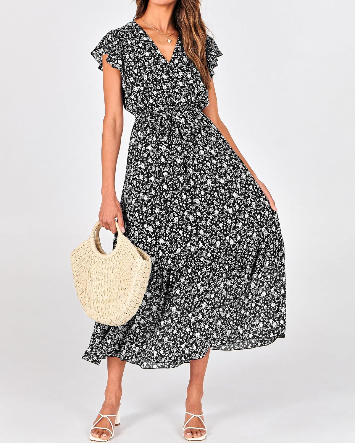 image:imageBTFBM Women Summer Bohemian Floral Casual Wrap V Neck Ruffle Cap Sleeveless Belt ALine Pleated Hem Midi Sun Dress White Fall Swiss Dots Aline Long Wedding Guest DressesElegant Floral Boho Sundress With PocketsSpring Beach Vacation ClothesFloral White Black