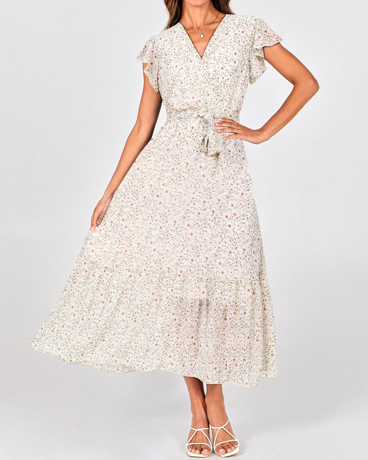 image:imageBTFBM Women Summer Bohemian Floral Casual Wrap V Neck Ruffle Cap Sleeveless Belt ALine Pleated Hem Midi Sun Dress White Fall Swiss Dots Aline Long Wedding Guest DressesElegant Floral Boho Sundress With PocketsSpring Beach Vacation ClothesApricot