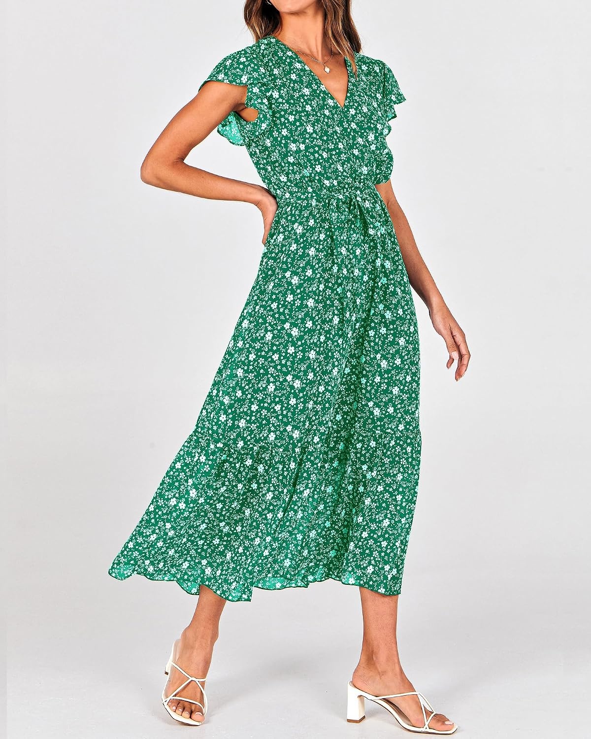 image:imageBTFBM Women Summer Bohemian Floral Casual Wrap V Neck Ruffle Cap Sleeveless Belt ALine Pleated Hem Midi Sun Dress White Fall Swiss Dots Aline Long Wedding Guest DressesElegant Floral Boho Sundress With PocketsSpring Beach Vacation ClothesFloral White Green