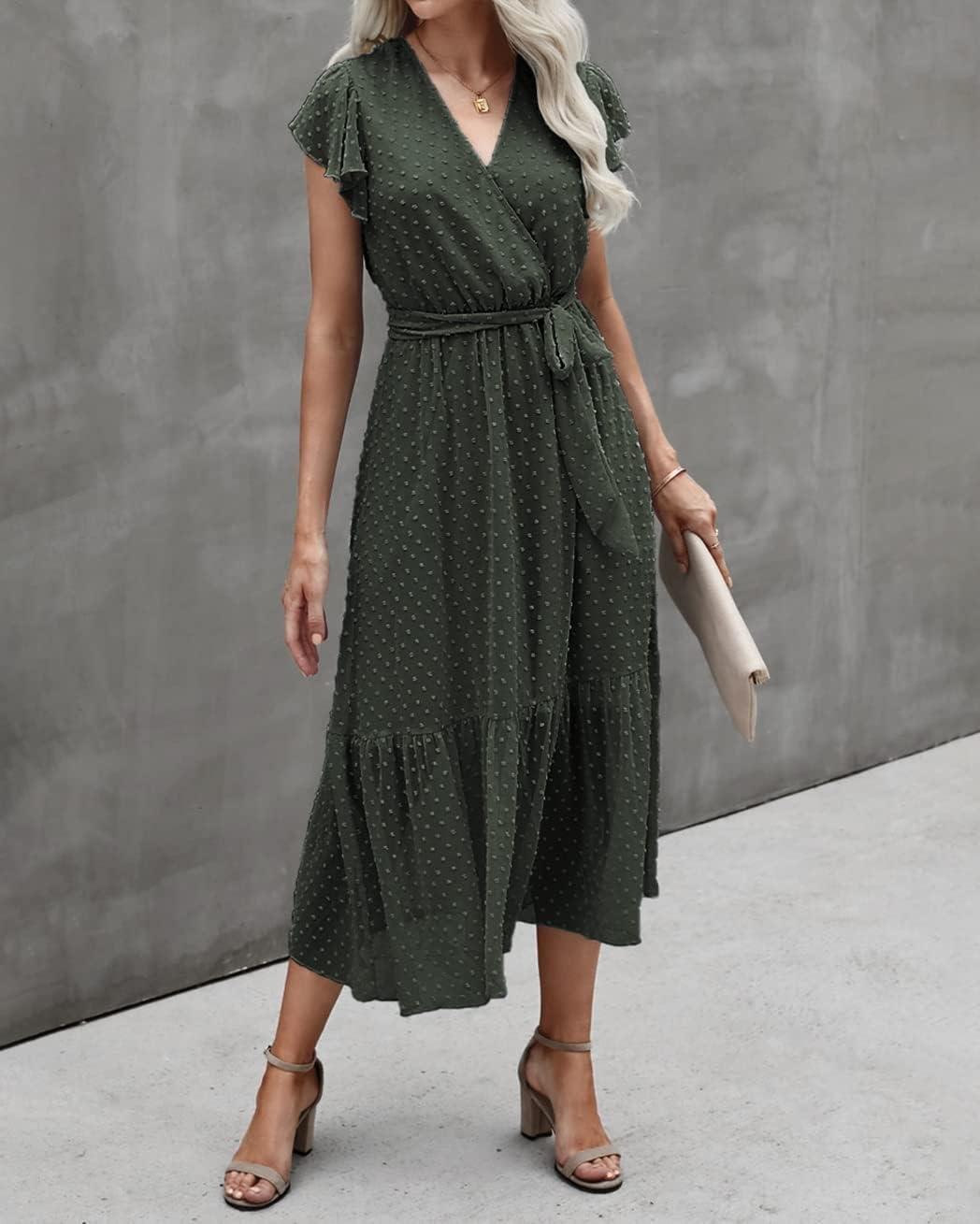 image:imageBTFBM Women Summer Bohemian Floral Casual Wrap V Neck Ruffle Cap Sleeveless Belt ALine Pleated Hem Midi Sun Dress White Fall Swiss Dots Aline Long Wedding Guest DressesElegant Floral Boho Sundress With PocketsSpring Beach Vacation ClothesSwiss Dot Army Green