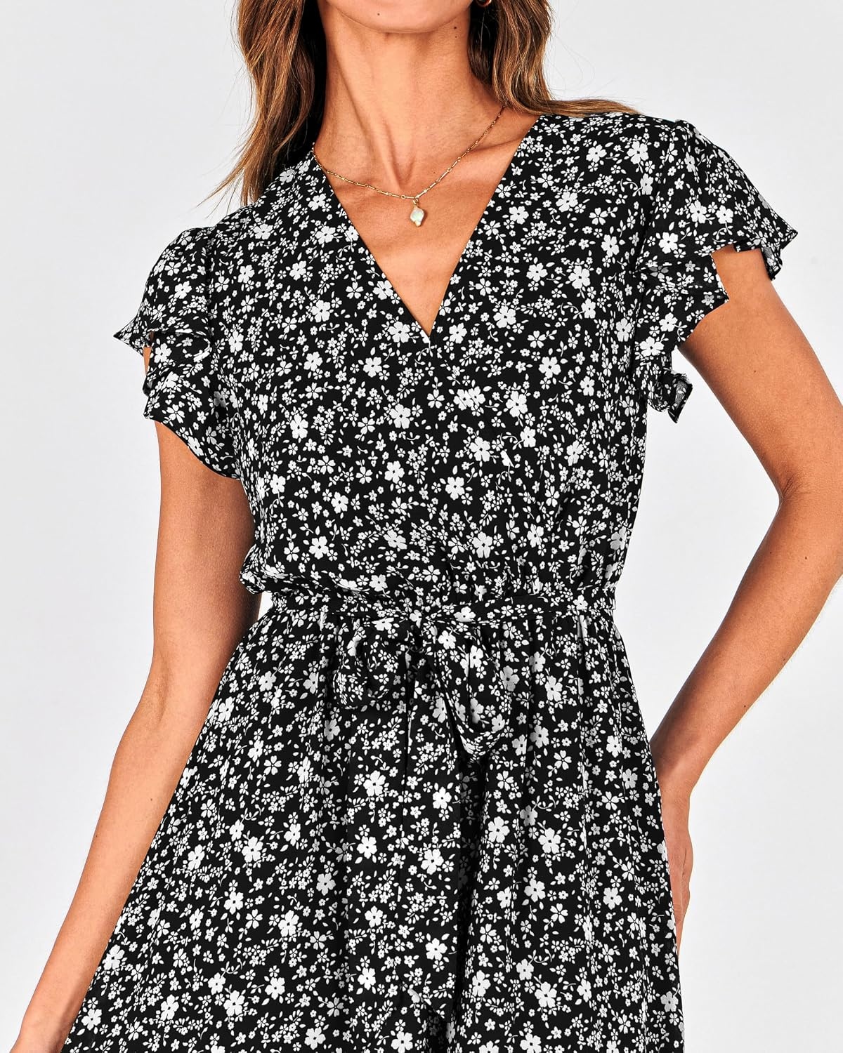 image:imageBTFBM Women Summer Bohemian Floral Casual Wrap V Neck Ruffle Cap Sleeveless Belt ALine Pleated Hem Midi Sun Dress White Fall Swiss Dots Aline Long Wedding Guest DressesElegant Floral Boho Sundress With PocketsSpring Beach Vacation ClothesFloral White Black
