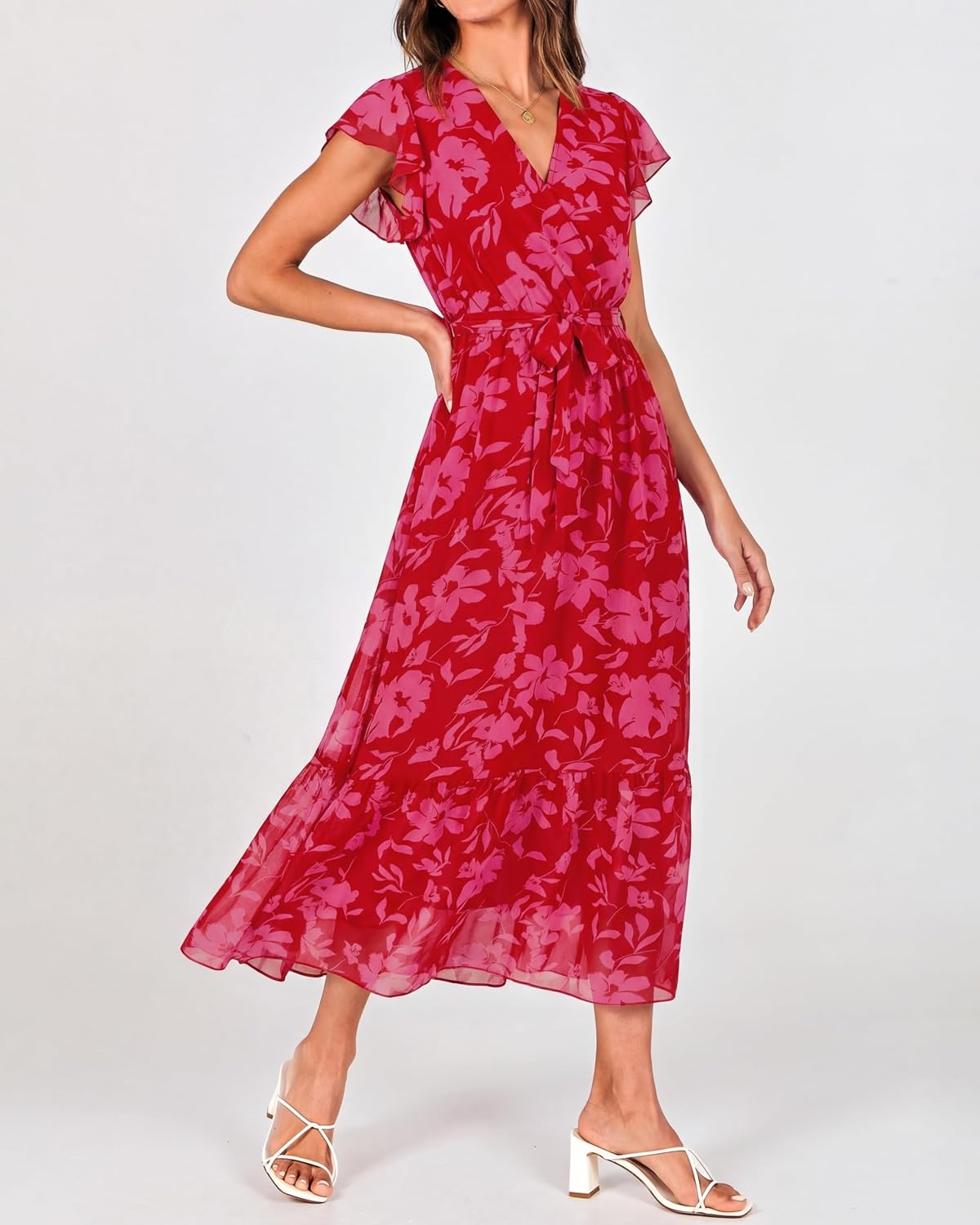 image:imageBTFBM Women Summer Bohemian Floral Casual Wrap V Neck Ruffle Cap Sleeveless Belt ALine Pleated Hem Midi Sun Dress White Fall Swiss Dots Aline Long Wedding Guest DressesElegant Floral Boho Sundress With PocketsSpring Beach Vacation ClothesRed Big Floral