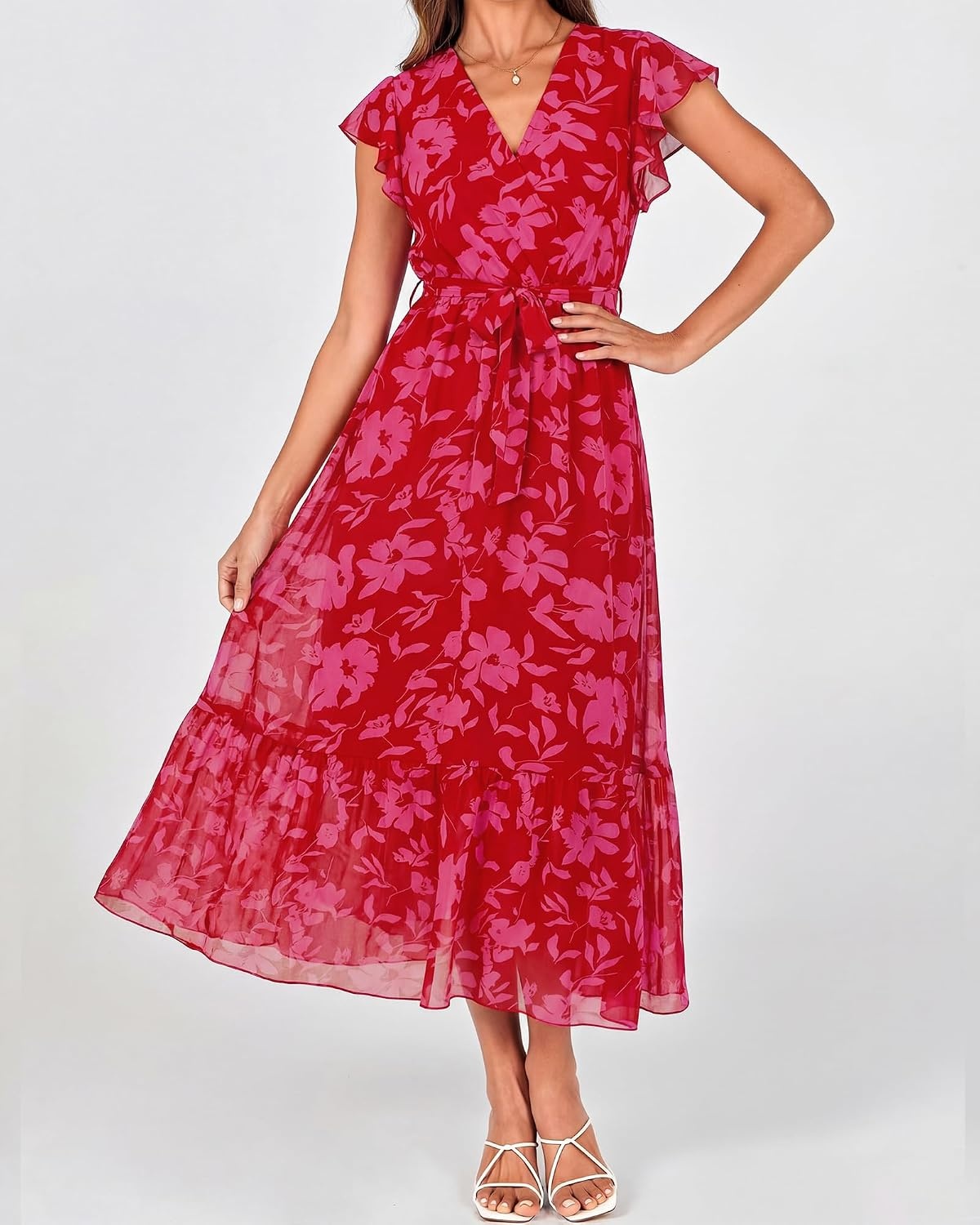 image:imageBTFBM Women Summer Bohemian Floral Casual Wrap V Neck Ruffle Cap Sleeveless Belt ALine Pleated Hem Midi Sun Dress White Fall Swiss Dots Aline Long Wedding Guest DressesElegant Floral Boho Sundress With PocketsSpring Beach Vacation ClothesRed Big Floral