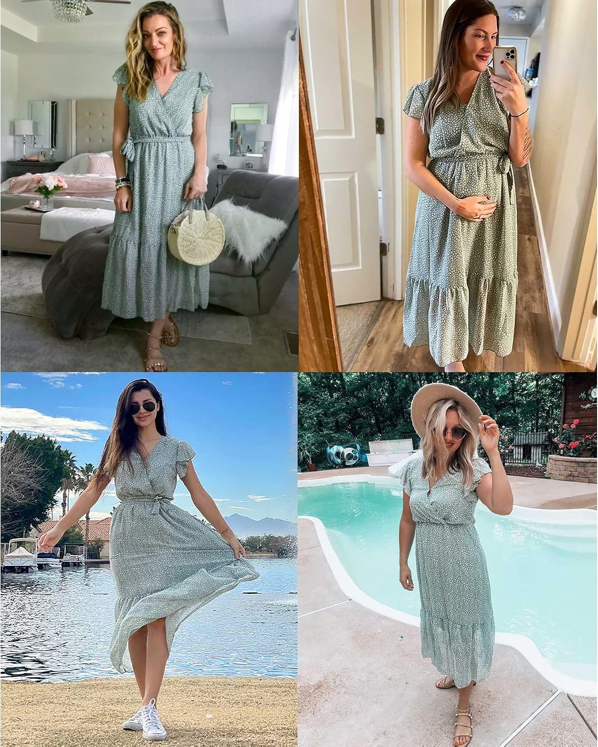 image:imageBTFBM Women Summer Bohemian Floral Casual Wrap V Neck Ruffle Cap Sleeveless Belt ALine Pleated Hem Midi Sun Dress White Fall Swiss Dots Aline Long Wedding Guest DressesElegant Floral Boho Sundress With PocketsSpring Beach Vacation ClothesLight Green
