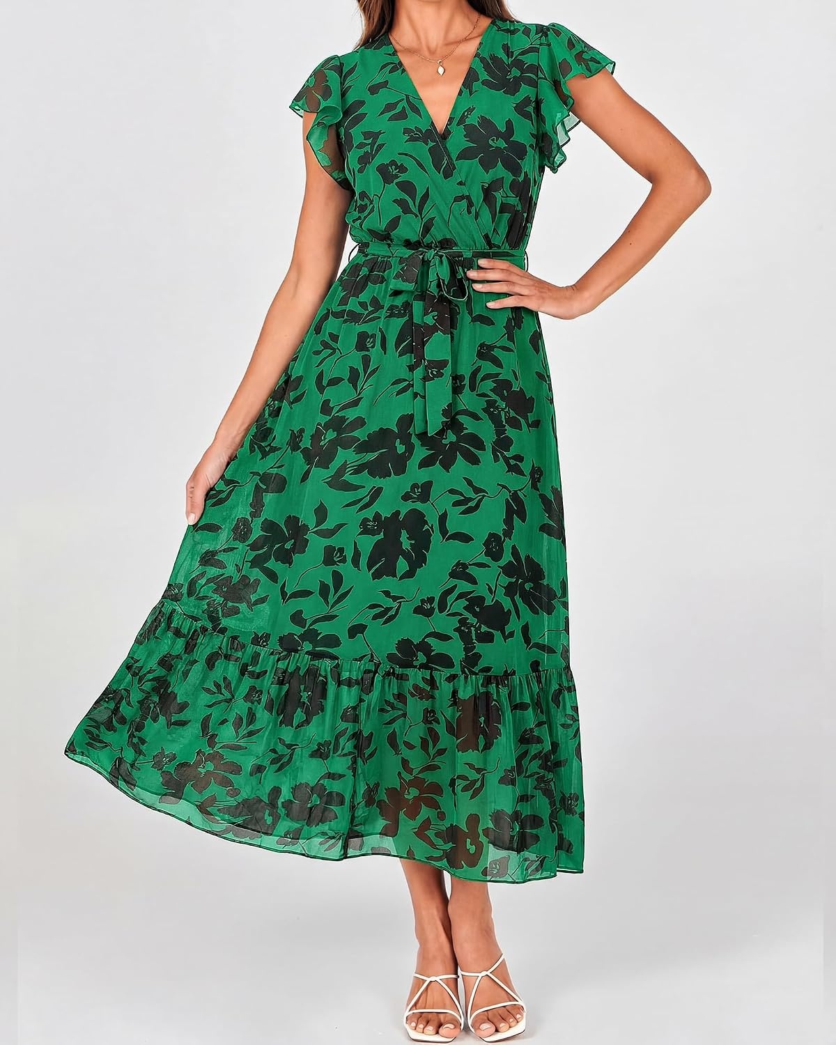 image:imageBTFBM Women Summer Bohemian Floral Casual Wrap V Neck Ruffle Cap Sleeveless Belt ALine Pleated Hem Midi Sun Dress White Fall Swiss Dots Aline Long Wedding Guest DressesElegant Floral Boho Sundress With PocketsSpring Beach Vacation ClothesGreen Big Floral