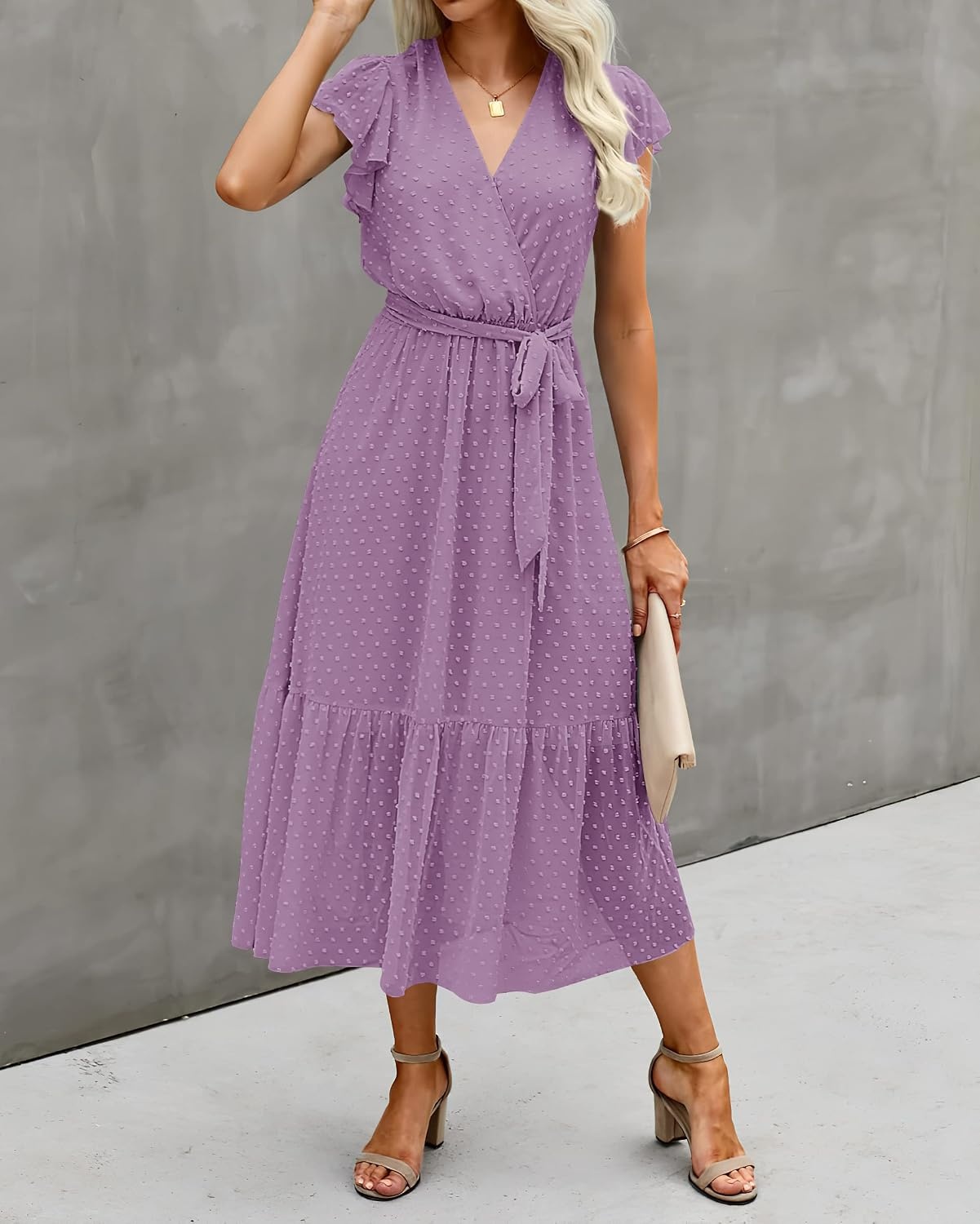 image:imageBTFBM Women Summer Bohemian Floral Casual Wrap V Neck Ruffle Cap Sleeveless Belt ALine Pleated Hem Midi Sun Dress White Fall Swiss Dots Aline Long Wedding Guest DressesElegant Floral Boho Sundress With PocketsSpring Beach Vacation ClothesSwiss Dot Purple