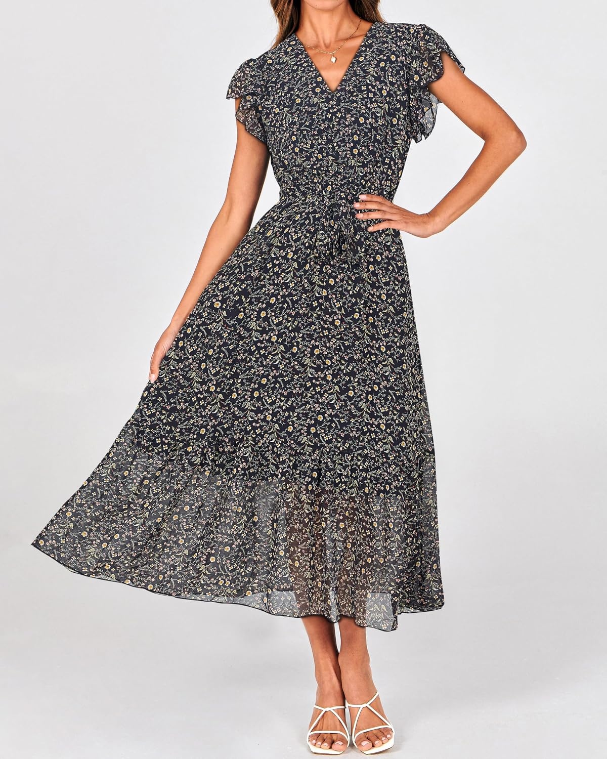 image:imageBTFBM Women Summer Bohemian Floral Casual Wrap V Neck Ruffle Cap Sleeveless Belt ALine Pleated Hem Midi Sun Dress White Fall Swiss Dots Aline Long Wedding Guest DressesElegant Floral Boho Sundress With PocketsSpring Beach Vacation ClothesFloral Black