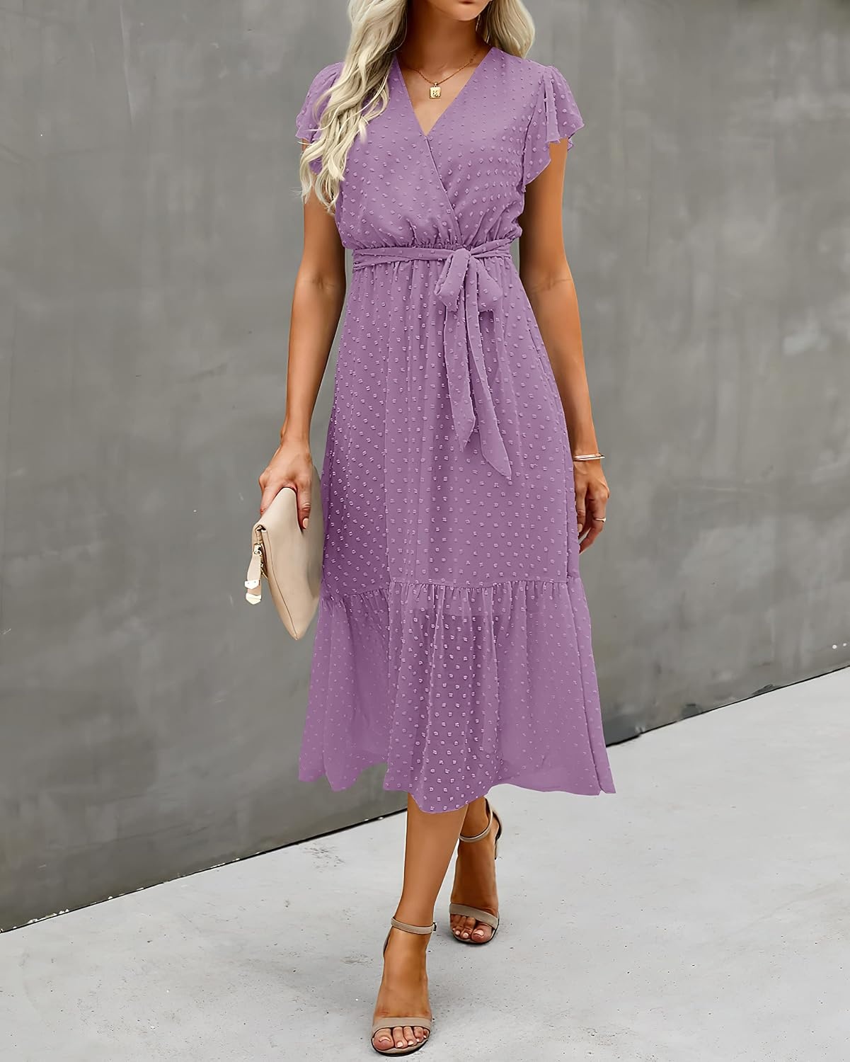 image:imageBTFBM Women Summer Bohemian Floral Casual Wrap V Neck Ruffle Cap Sleeveless Belt ALine Pleated Hem Midi Sun Dress White Fall Swiss Dots Aline Long Wedding Guest DressesElegant Floral Boho Sundress With PocketsSpring Beach Vacation ClothesSwiss Dot Purple