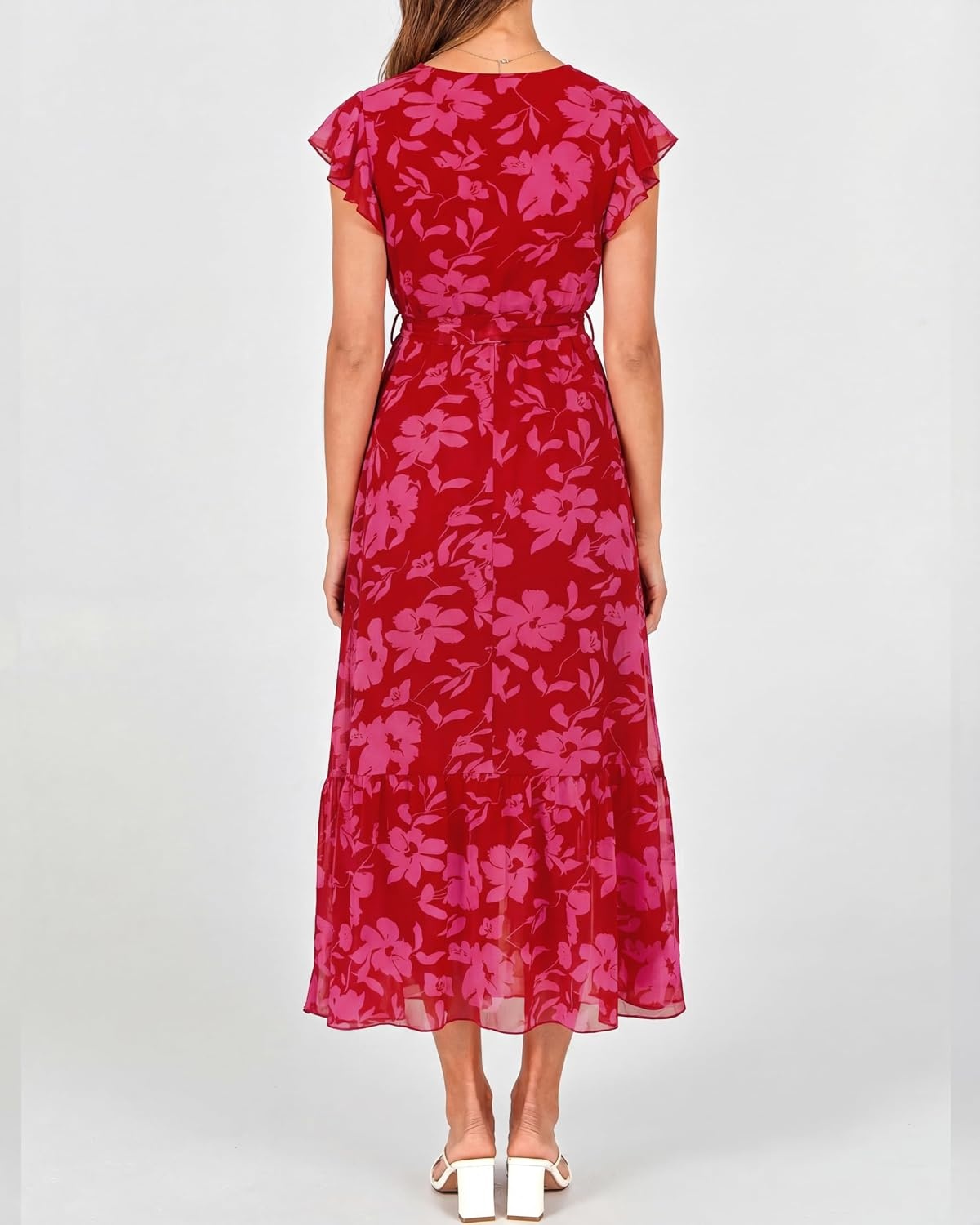 image:imageBTFBM Women Summer Bohemian Floral Casual Wrap V Neck Ruffle Cap Sleeveless Belt ALine Pleated Hem Midi Sun Dress White Fall Swiss Dots Aline Long Wedding Guest DressesElegant Floral Boho Sundress With PocketsSpring Beach Vacation ClothesRed Big Floral