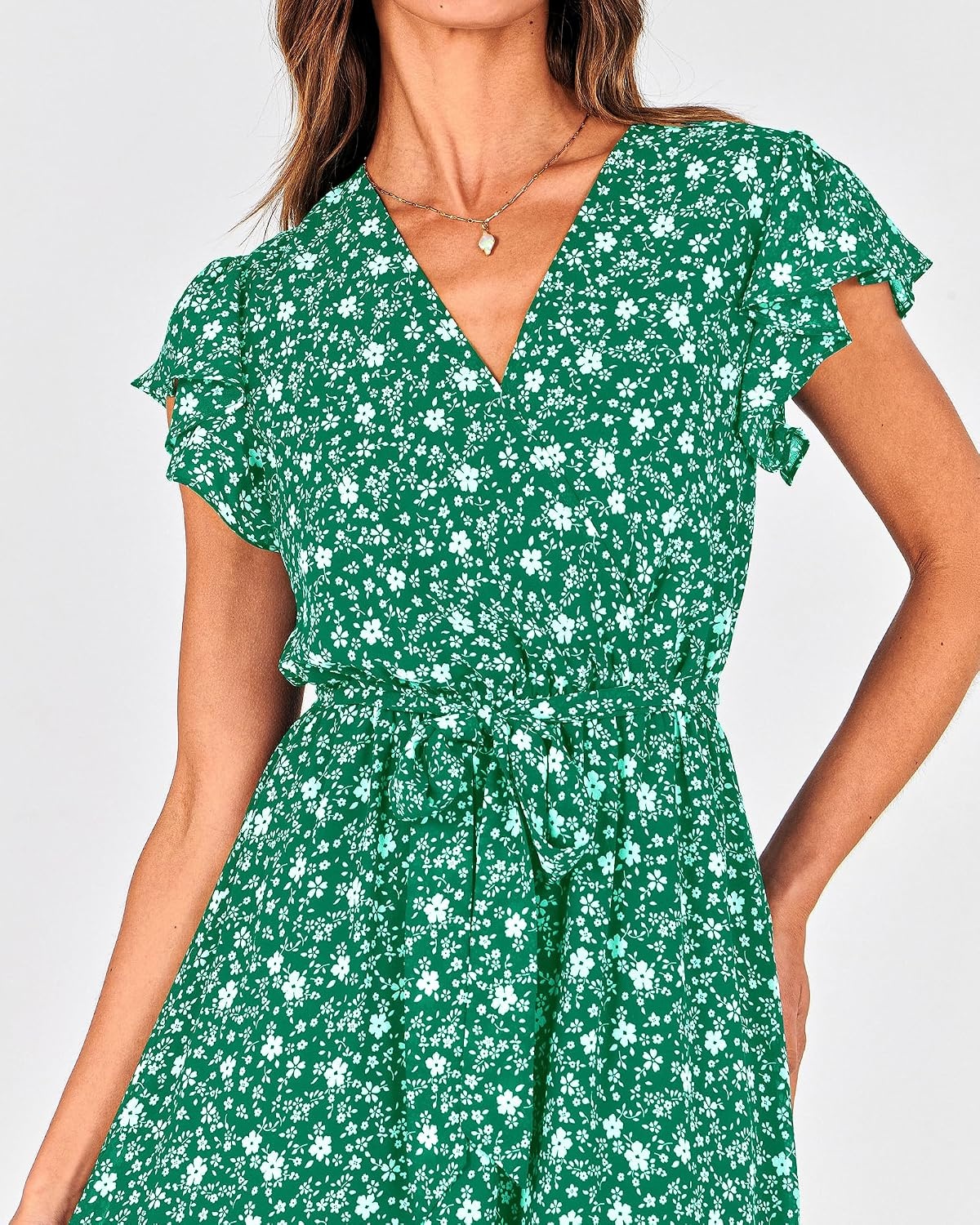 image:imageBTFBM Women Summer Bohemian Floral Casual Wrap V Neck Ruffle Cap Sleeveless Belt ALine Pleated Hem Midi Sun Dress White Fall Swiss Dots Aline Long Wedding Guest DressesElegant Floral Boho Sundress With PocketsSpring Beach Vacation ClothesFloral White Green
