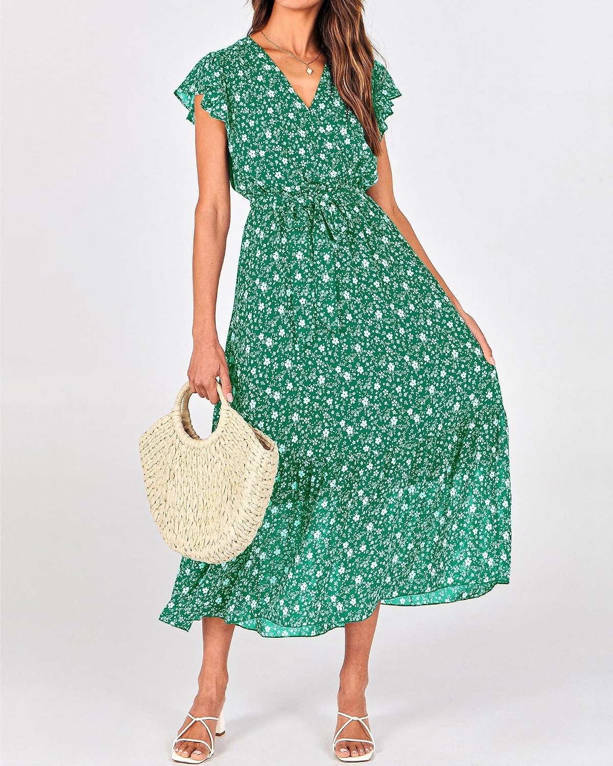 image:imageBTFBM Women Summer Bohemian Floral Casual Wrap V Neck Ruffle Cap Sleeveless Belt ALine Pleated Hem Midi Sun Dress White Fall Swiss Dots Aline Long Wedding Guest DressesElegant Floral Boho Sundress With PocketsSpring Beach Vacation ClothesFloral White Green
