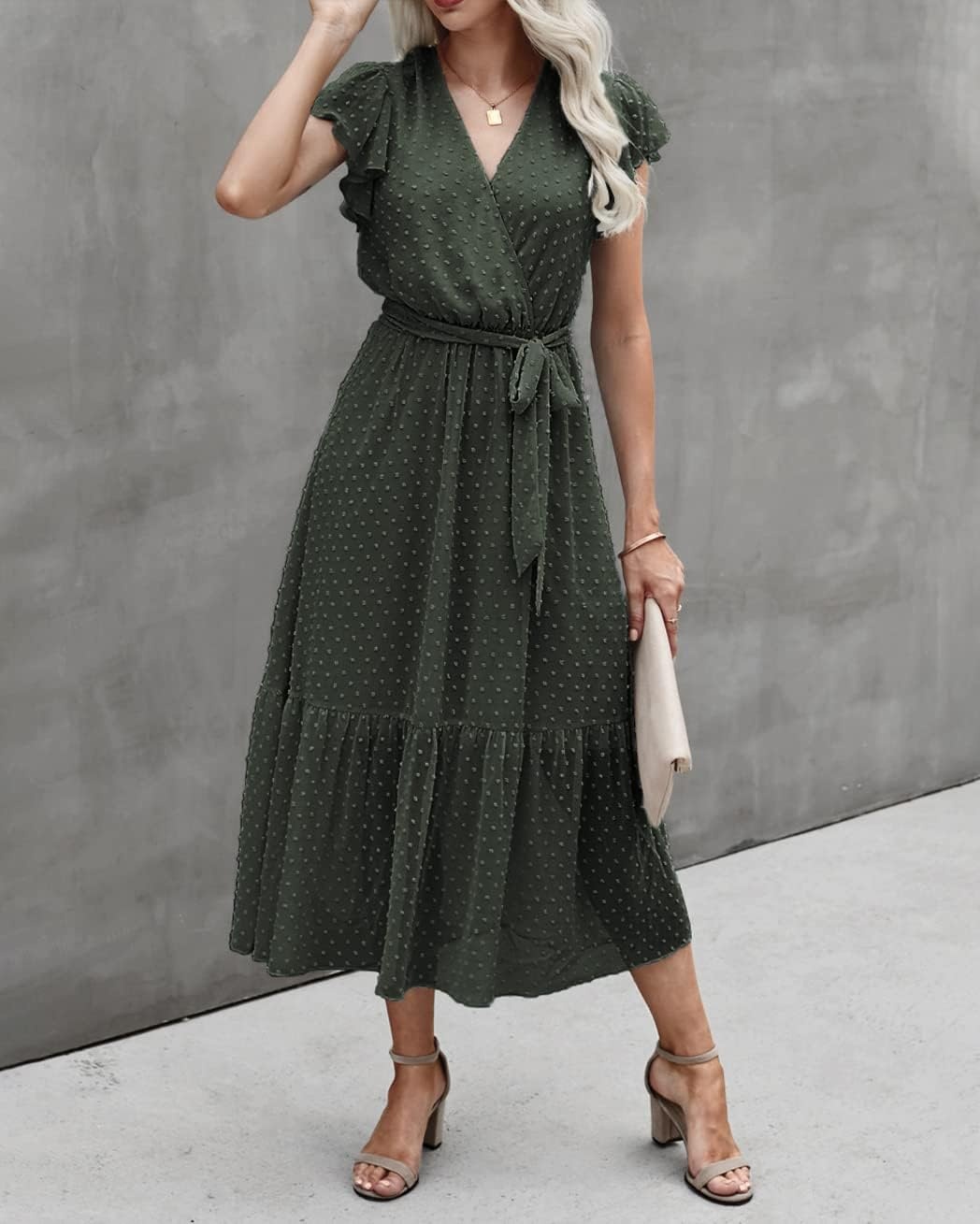 image:imageBTFBM Women Summer Bohemian Floral Casual Wrap V Neck Ruffle Cap Sleeveless Belt ALine Pleated Hem Midi Sun Dress White Fall Swiss Dots Aline Long Wedding Guest DressesElegant Floral Boho Sundress With PocketsSpring Beach Vacation ClothesSwiss Dot Army Green
