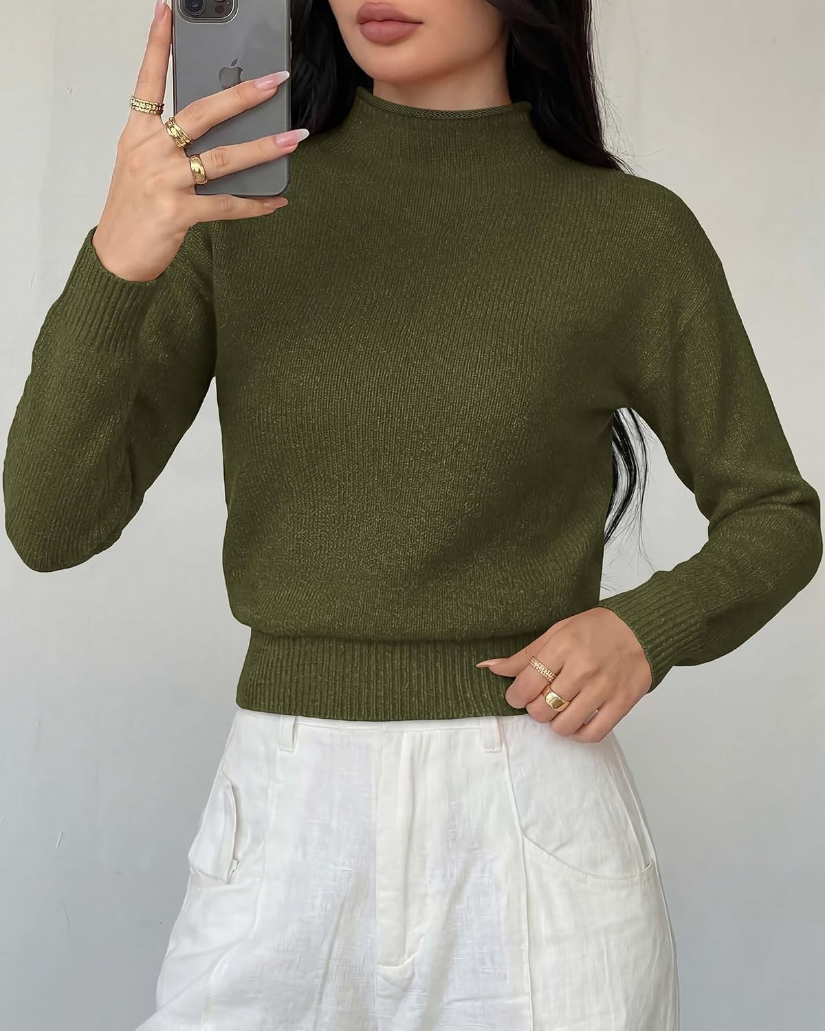 image:imageBTFBM Womens Long Sleeve Sweaters Mock Neck Tops Lightweight Knit Pullover SweaterBasic Classic Daily Wear 2026 Fall FashionWinter Layer ClothesBusiness Casual OutfitsArmy Green