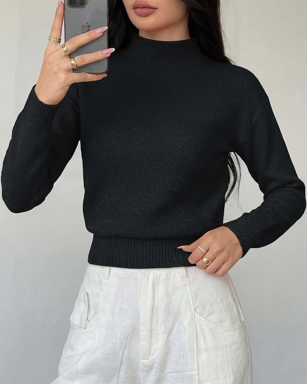 image:imageBTFBM Womens Long Sleeve Sweaters Mock Neck Tops Lightweight Knit Pullover SweaterBasic Classic Daily Wear 2026 Fall FashionWinter Layer ClothesBusiness Casual OutfitsBlack
